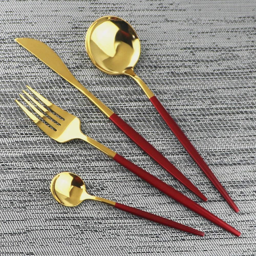 Juego De Cubiertos De Acero Inoxidable 304 De 40 Piezas, Juego De Cubiertos Pulidos A Espejo para 10 Personas, Utensilios Reutilizables con Mangos De Oro Rojo, Ideal para Uso Diario, Reuniones