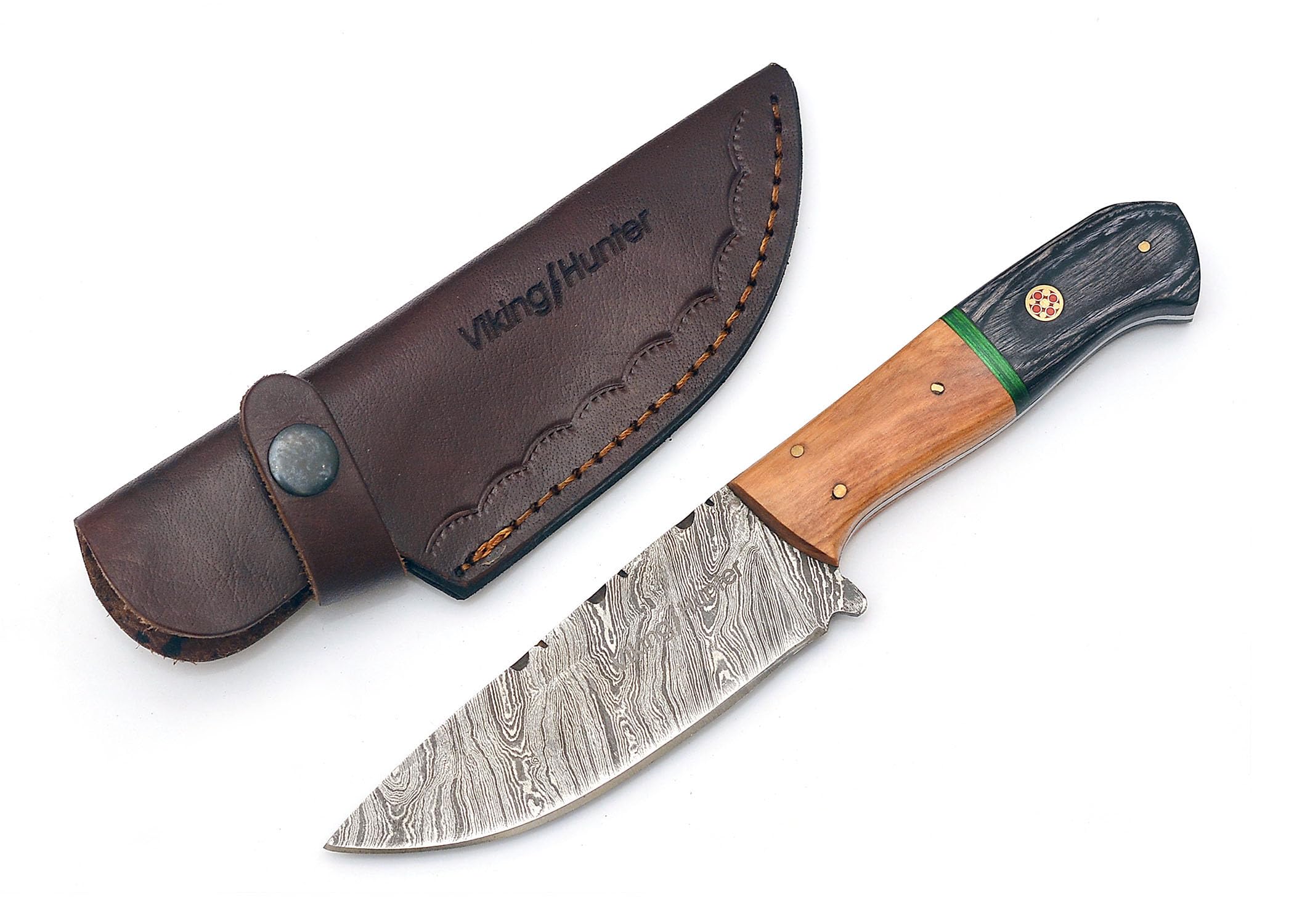 Handmade Twist Pattern Damascus Hunting Knives Ideal for Skinning, Camping Skinner Knife, Outdoor - EDC Fixed Blade Bushcraft Fixed Blade Knives With Sheath Belt Loop (VK-HK-05) (Black Handle Knife)