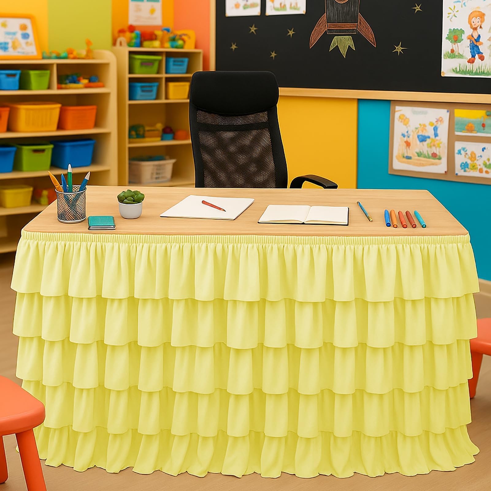 Yellow Table Skirt Tutu Ruffled Tablecloth for Classroom Teacher Desk Skirt Back to School Supplies for Princess Girls Birthday Party Cake Dessert Decorations, 9FT