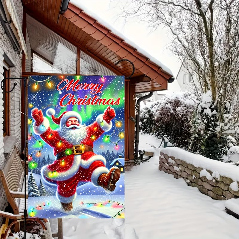 Image of BlissYard Christmas Garden Flag 12x18 Inch Santa Snow Lights Yard Decor | Double sided polyester, santa snow lights design, cheerful holiday home decor for Christmas porch and yard