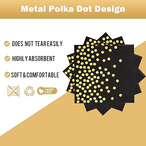 Miniatura 4 de Paquete de 200 platos y servilletas de papel de oro negro, 100 platos de postre de 7 pulgadas y 100 servilletas de 6.5 pulgadas, platos de papel