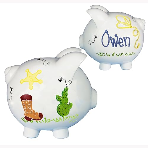 My Bambino Alcancía vaquera occidental para niño, pintada a mano, de cerámica blanca grande