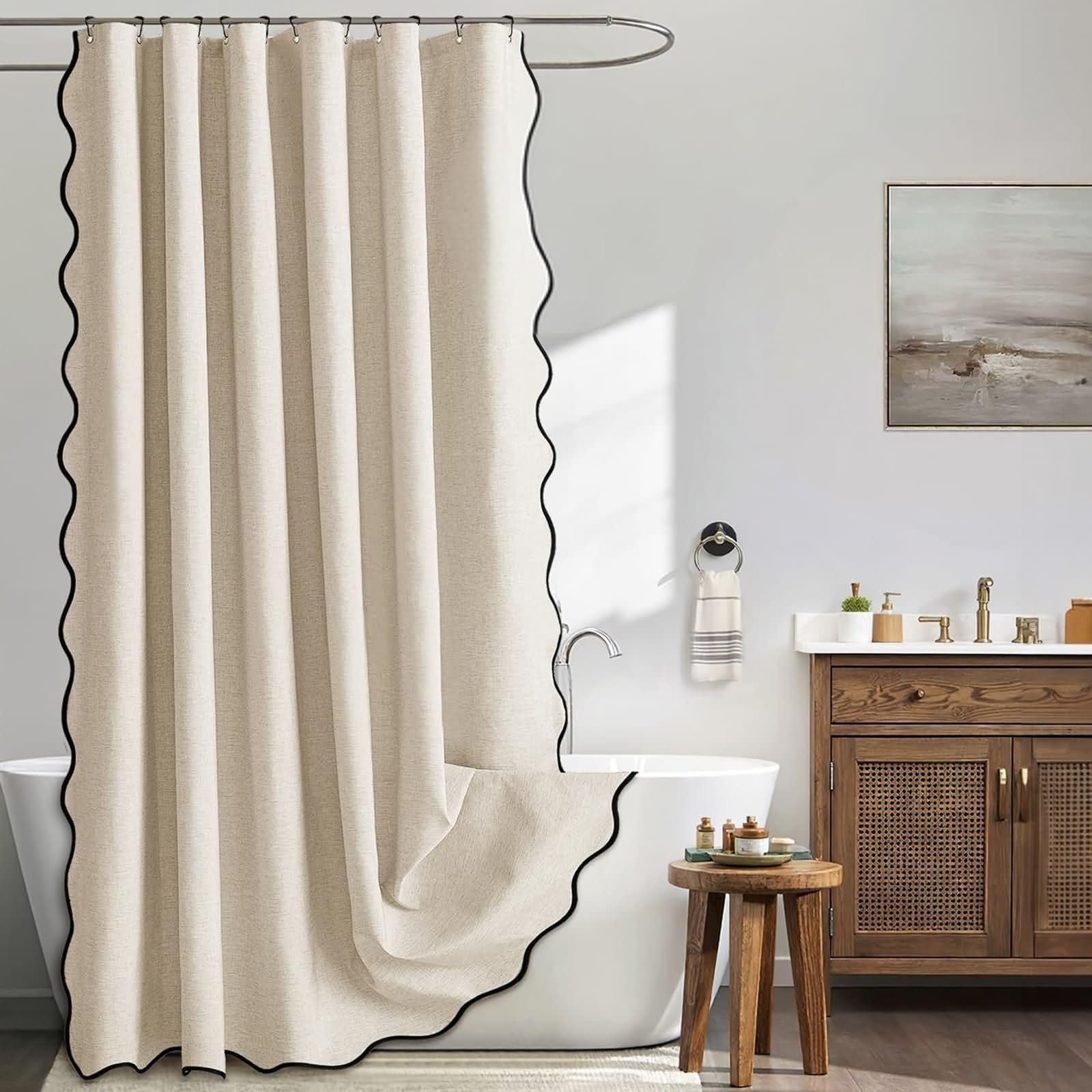 Duschvorhang 180x200cm Polyester Schimmelresistent mit 12 Ringen | Einfarbig Beige mit Schwarz Welle,Wasserabweisende Textilien,Rostfreie Ösen,Blickdicht für Bad Wanne Hotel Ferienwohnung