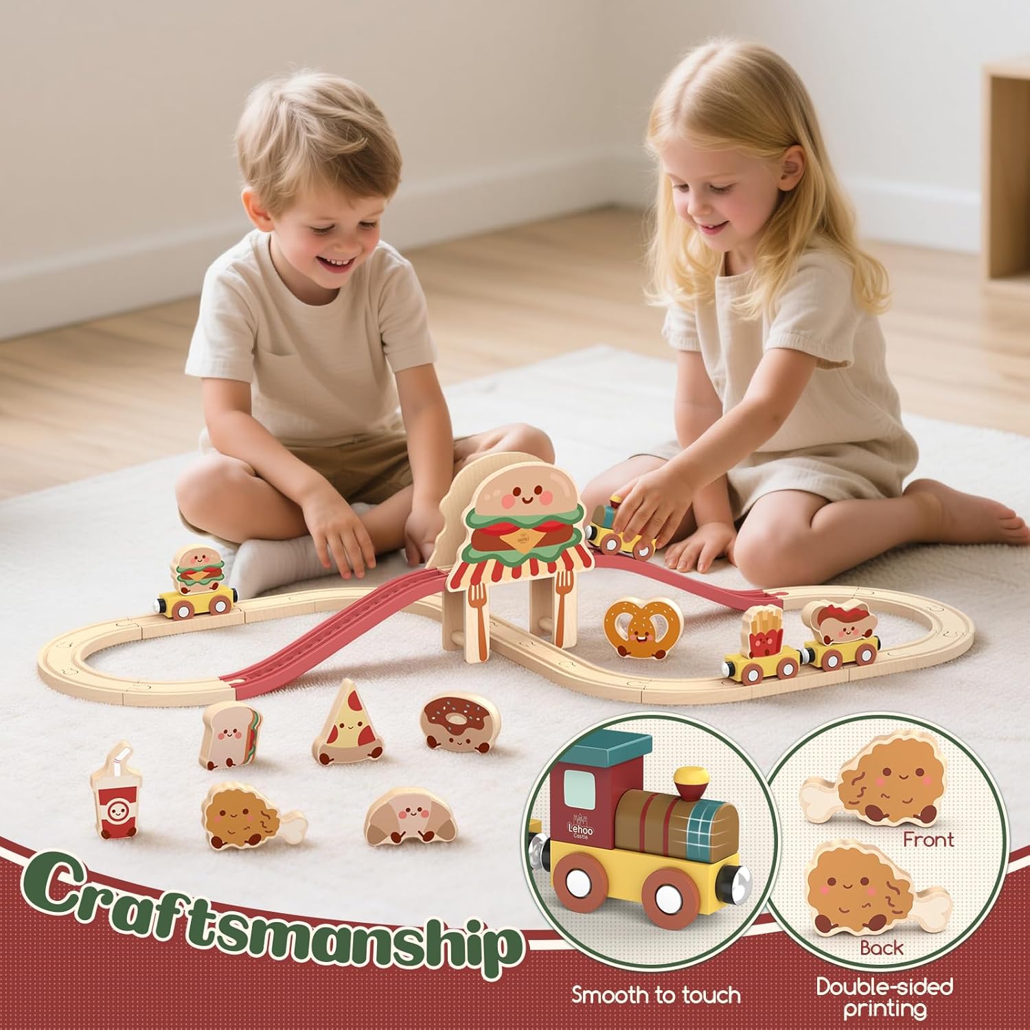 Lehoo Castle Wooden Train Set - Hamburger Train Set for Toddlers 2-4, Wooden Train Track for Kids Toys for 3 4 5 Year Old Boys Girls Birthday Gifts