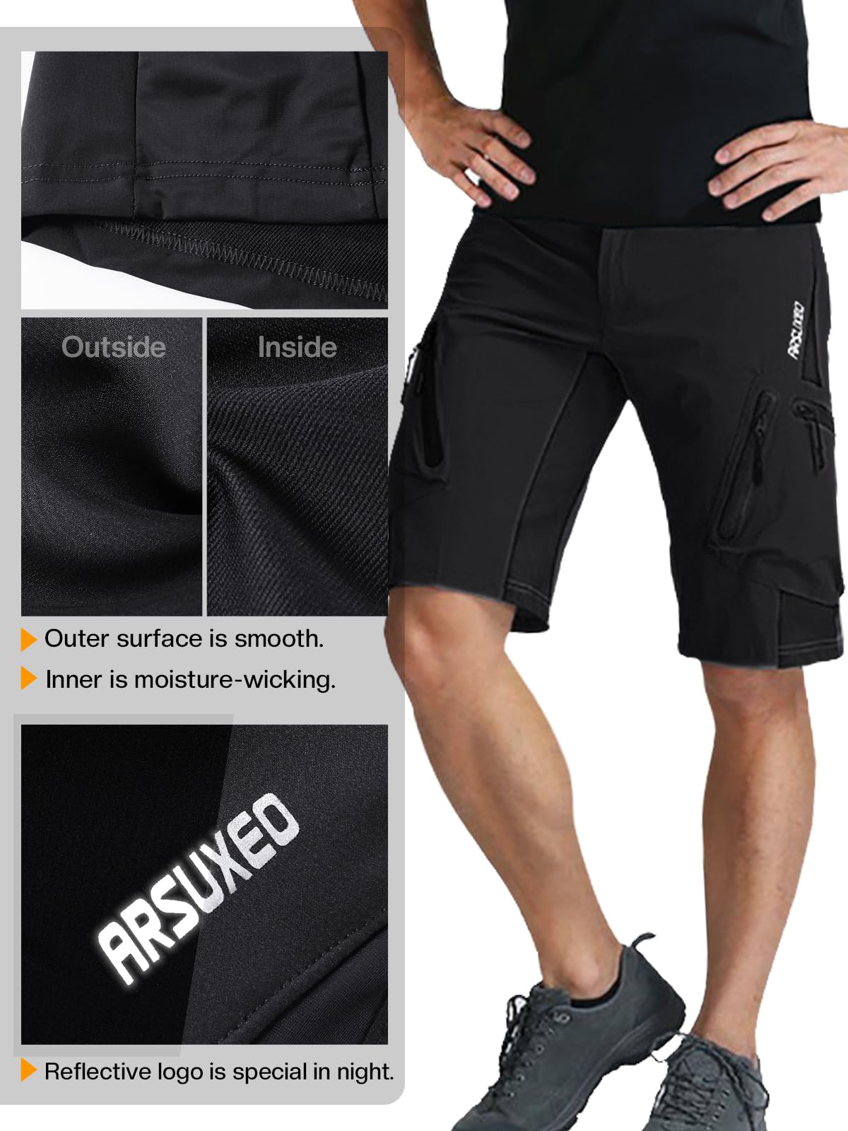 ARSUXEO Pantalones Cortos de Ciclismo para Hombre Pantalones Cortos MTB de Ajuste Holgado Parte Inferior para Deportes al Aire Libre Repelente al Agua con 7 Bolsillos 1202