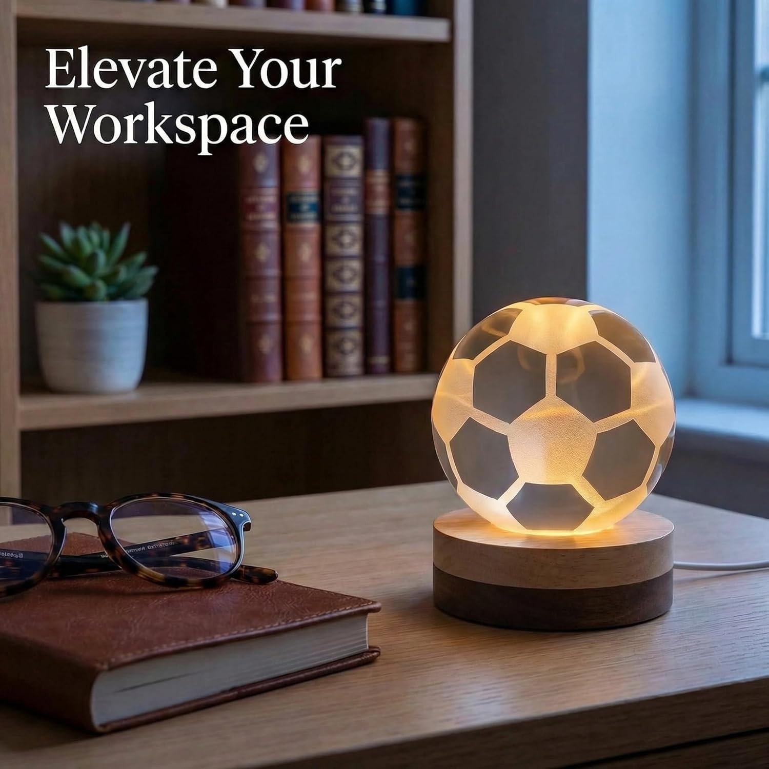 Lampada Cristallo 3D Palla da Calcio con Base in Legno - Luce Notturna LED Sportiva - Sfera di Vetro Incisa al Laser - Idea Regalo per Bambini, Calciatori e Tifosi - Decorazione Scrivania USB (CALCIO) - 2