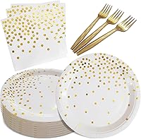 WXLDGHQ White & Gold Dot Disposable Dessert Plates, Napkins & Forks Set - 105 PCS Party Supplies for 35 Guests, 7 Inch (Birthday, Wedding)