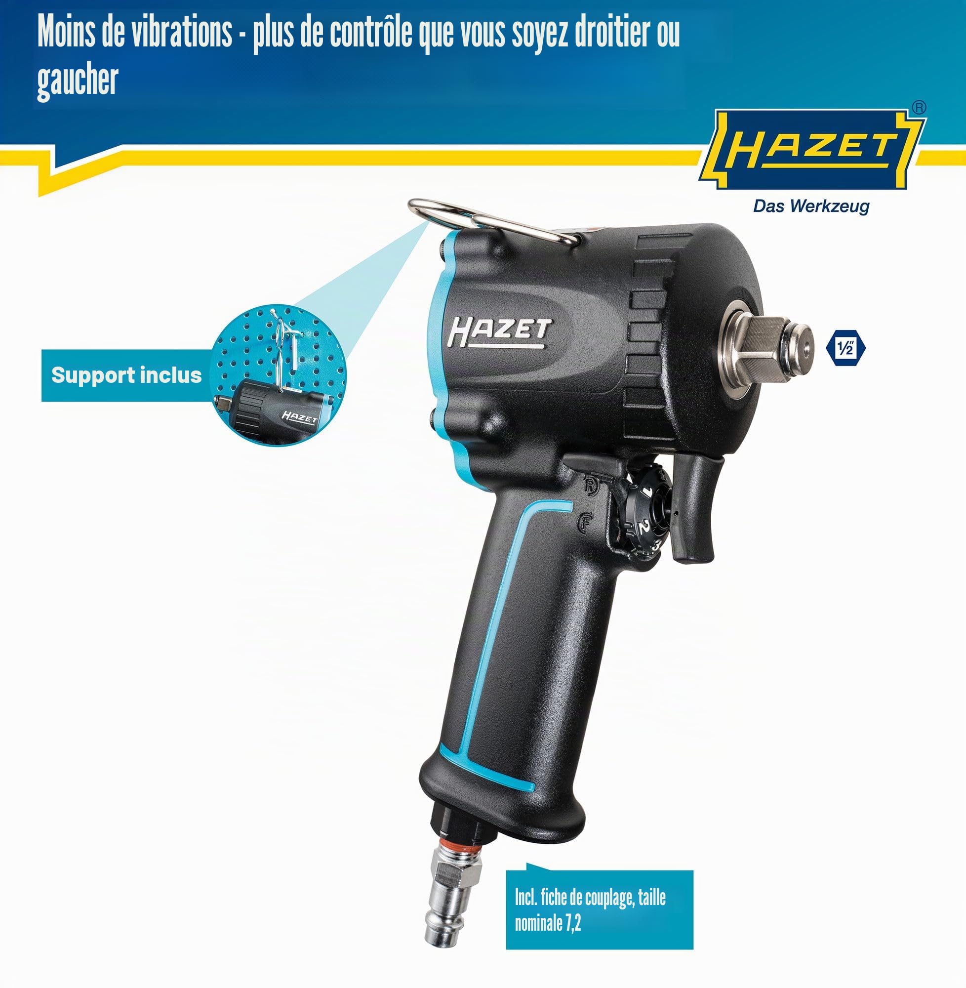 Hazet Visseuse à choc pneumatique 9012M-1 I extra courte - seulement 80 mm, couple max. Couple de desserrage : 1200 Nm, carré 1/2 pouce I pour les travaux dans les espaces restreints