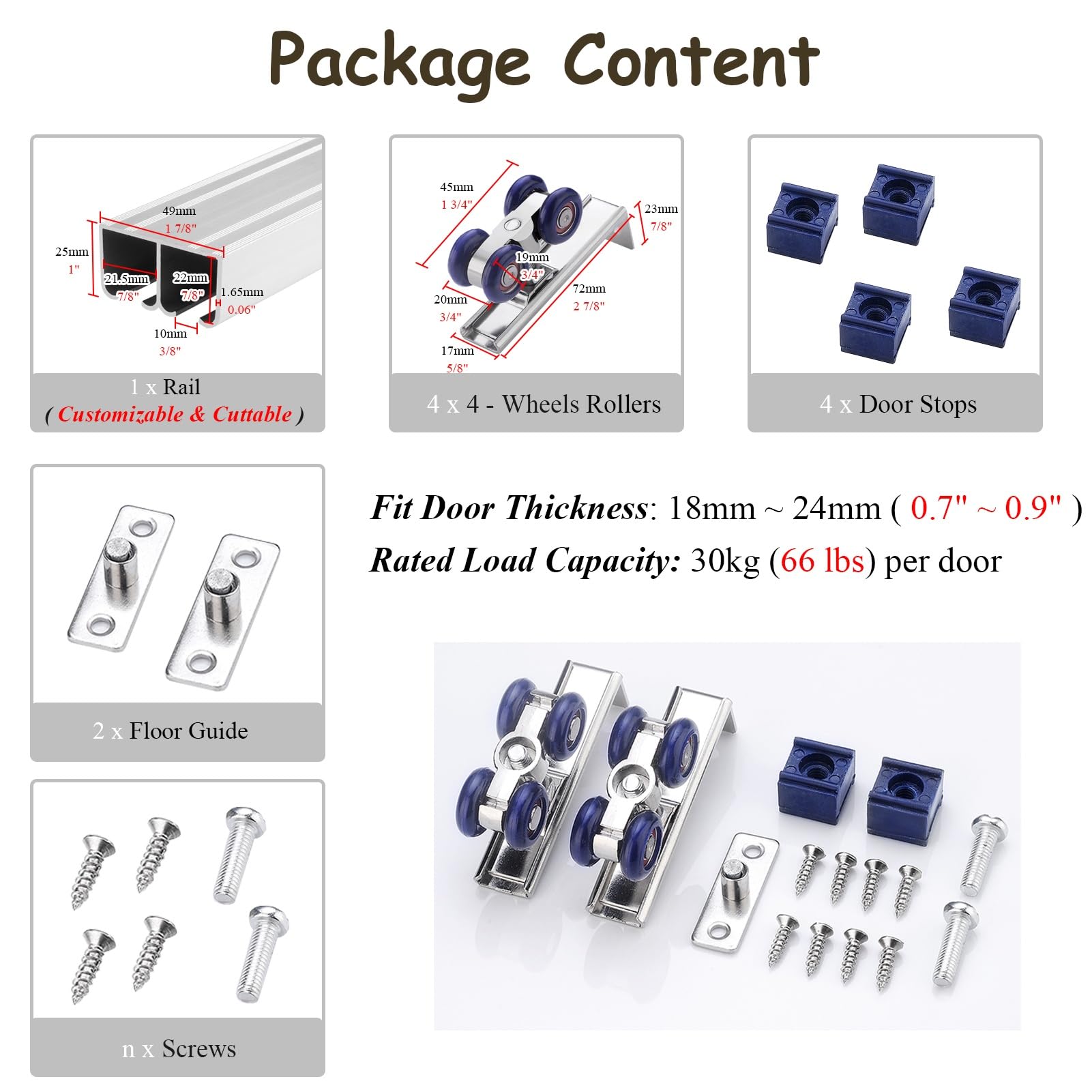 Kit de herrajes para puerta de bolsillo, sistema de riel de puerta corredera doble para puertas interiores de madera, guía superior de deslizamiento suave y silencioso para armario