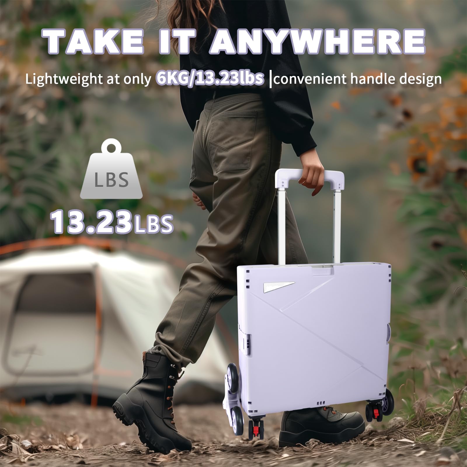 LexonElec x SELORSS Carrito De Compras Plegable con Ruedas para Subir Escaleras, Mango Telescópico Ajustable De Aluminio Y Tapa, Caja De Utilidad Portátil Plegable, 90 Kg/76 litros - Púrpura Gris