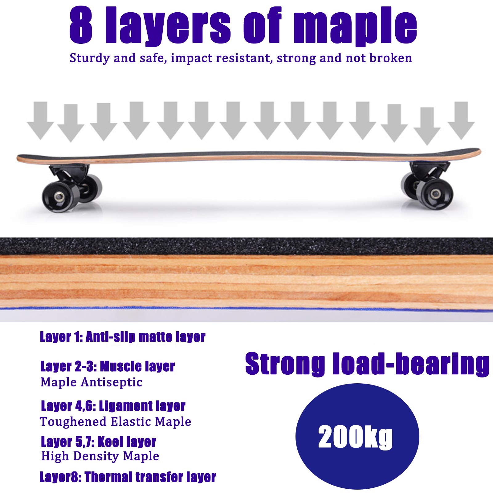 Skateboard 42 "pour Débutants, Planche à roulettes à Double Coup de Pied Concave Deck Penny Board, Planche à roulettes en Bois D'érable 8 Couches pour Enfants, Adolescents et Adultes,XVBVS
