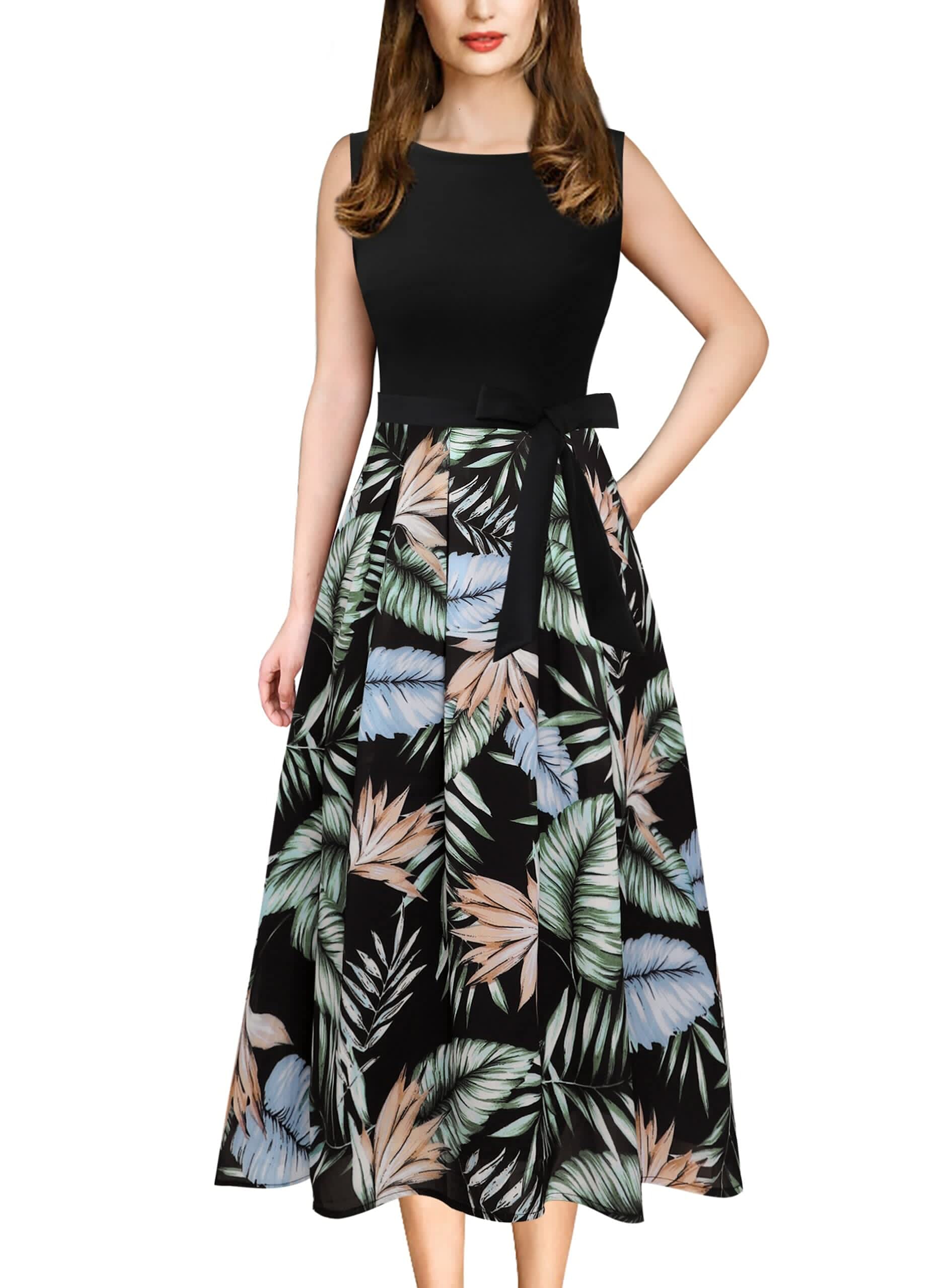 VFSHOWWomens Elegant Patchwork Pockets Print Work Casual A-Line Midi Dress