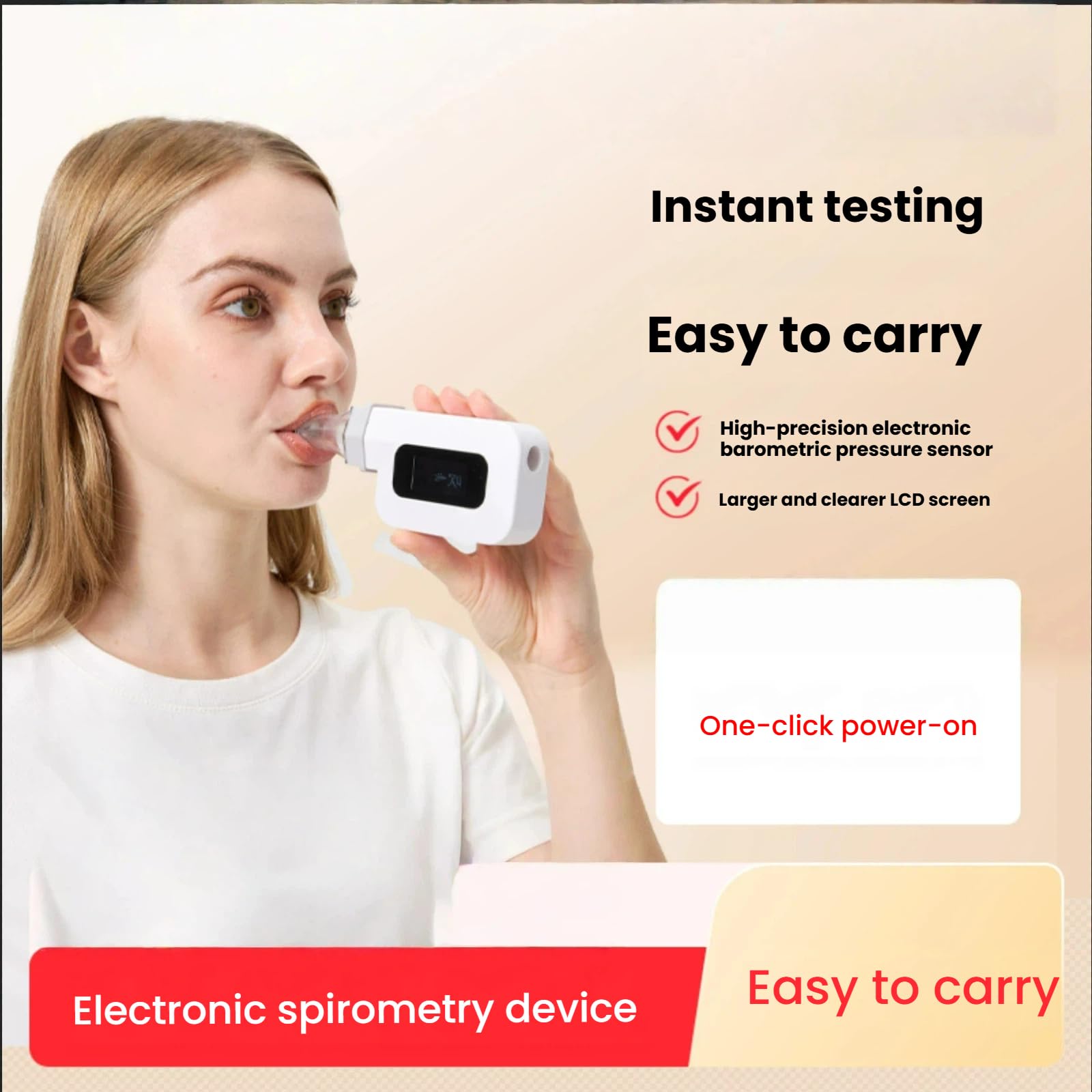 Tester digitale di capacità polmonare istantanea, spirometro con sensore di pressione dell'aria ad alta precisione, display LCD trasparente, avvio con un solo clic, rilevatore di respirazione
