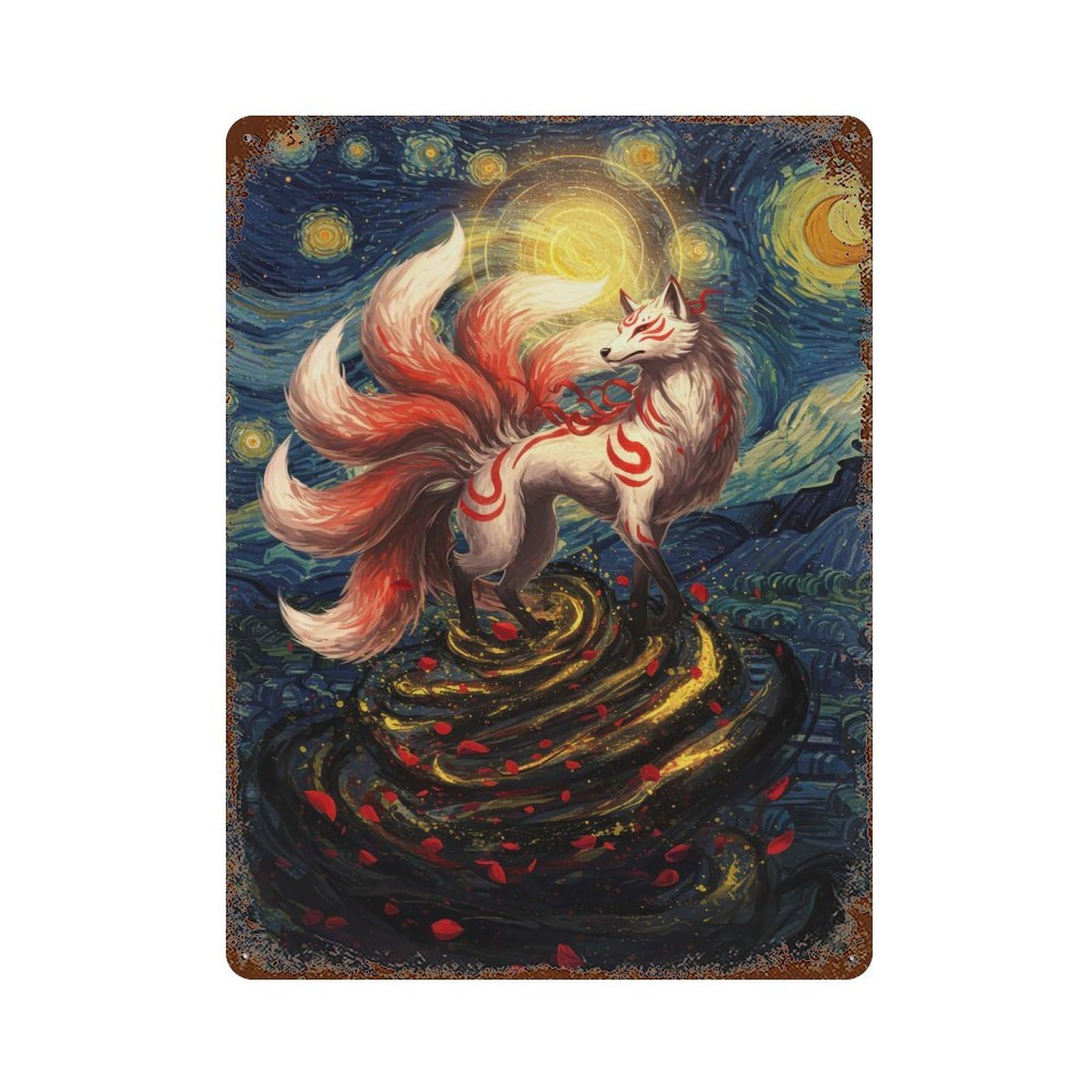 Nine-tailed Fox in Starry Night Style Vintage Rust Metal Sign 15.7"x11.8", for Basement, Hobby Room And Garage Decor, Farmhouse Wall Decor