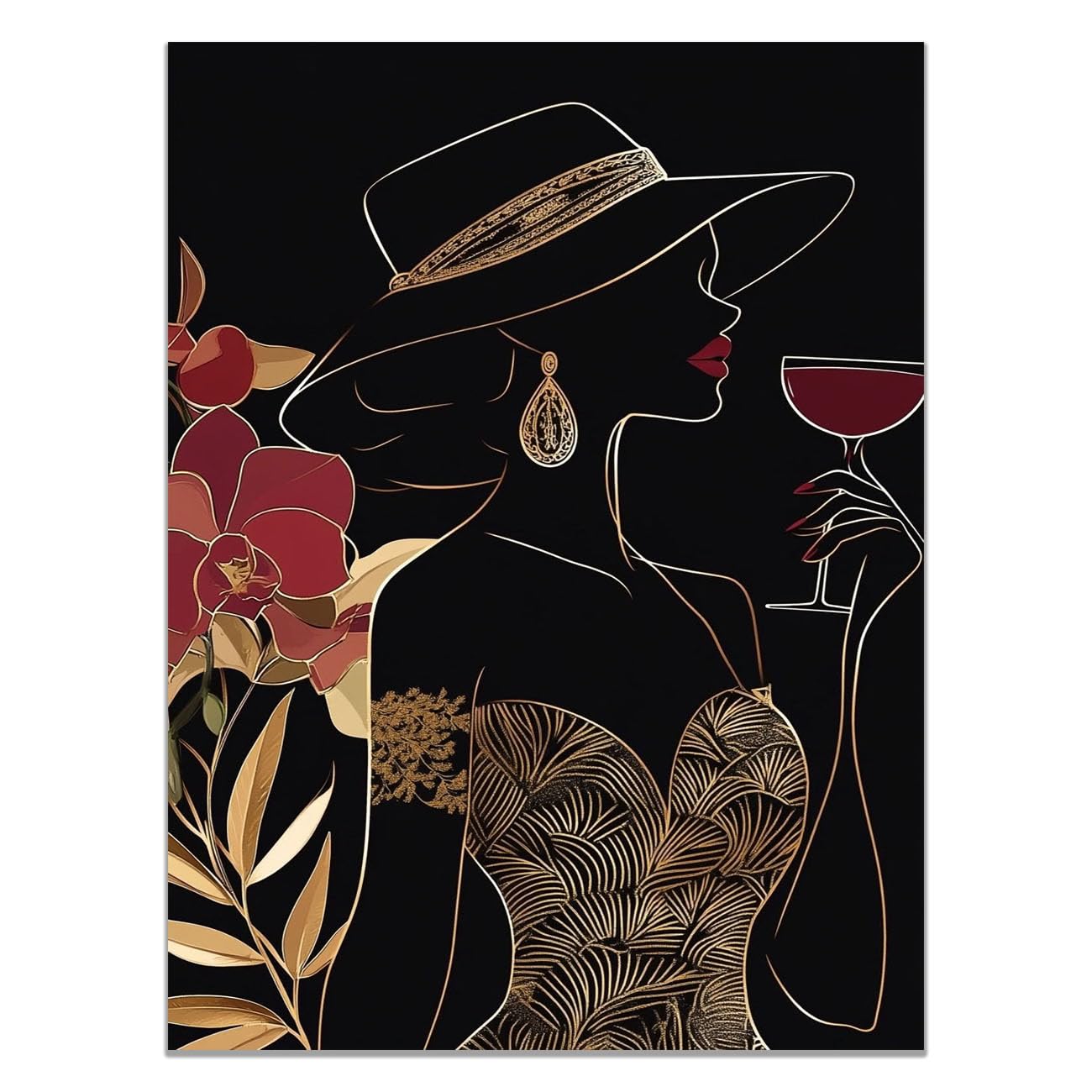 QUSAAOU Black Woman Canvas Wall Gold Wine Hat Silhouette Graffiti Canvas Art Posters Prints African Woman Modern Picture For Living Room Bedroom Office(Black)-60x90cm1 Unframed
