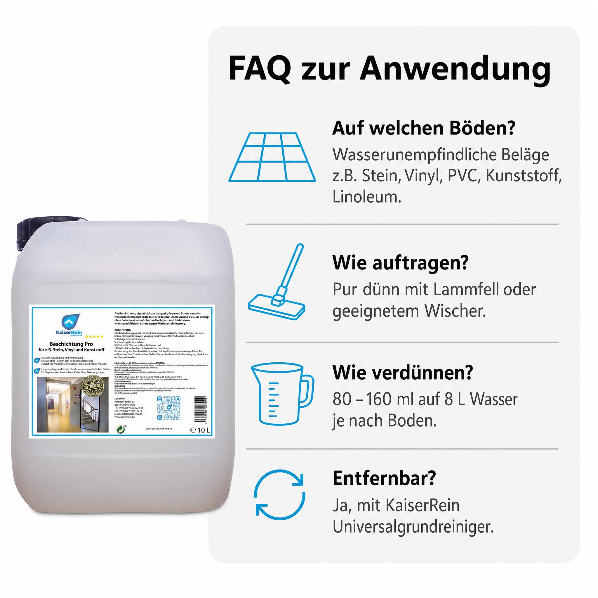 KaiserRein Bodenbeschichtung Beschichtung Pro Easy, Bodenversiegelung für wasserunempfindliche Böden, Hochglanz ohne Polieren, für Vinyl, PVC, Linoleum, Stein & Kunststoff, 10 L