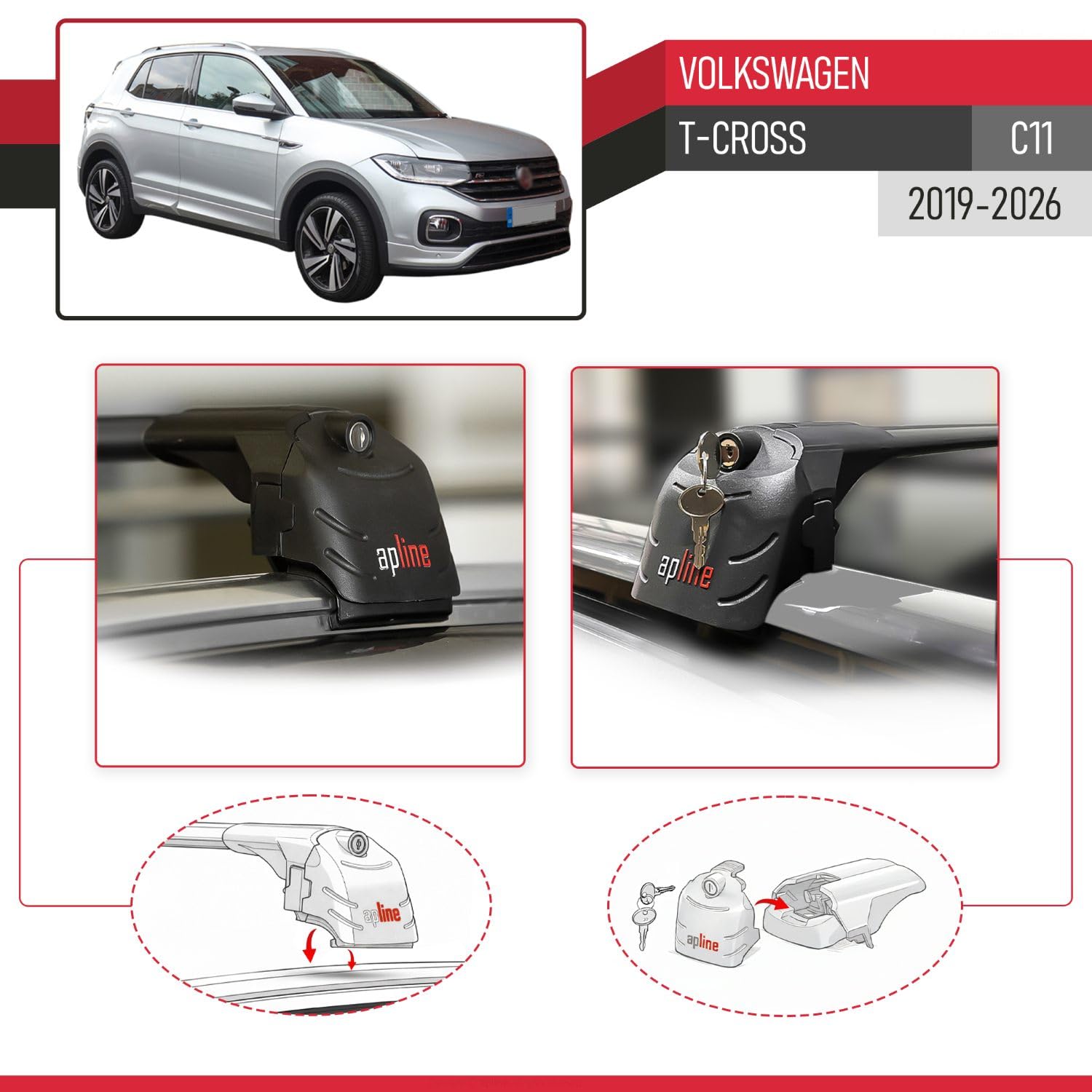Compatibile con Volkswagen T-Cross (C11) 2019-2026 Modello ACE-2 Barre Tetto Portapacchi Auto Barre Portatutto Nero Alluminio 2 Barre