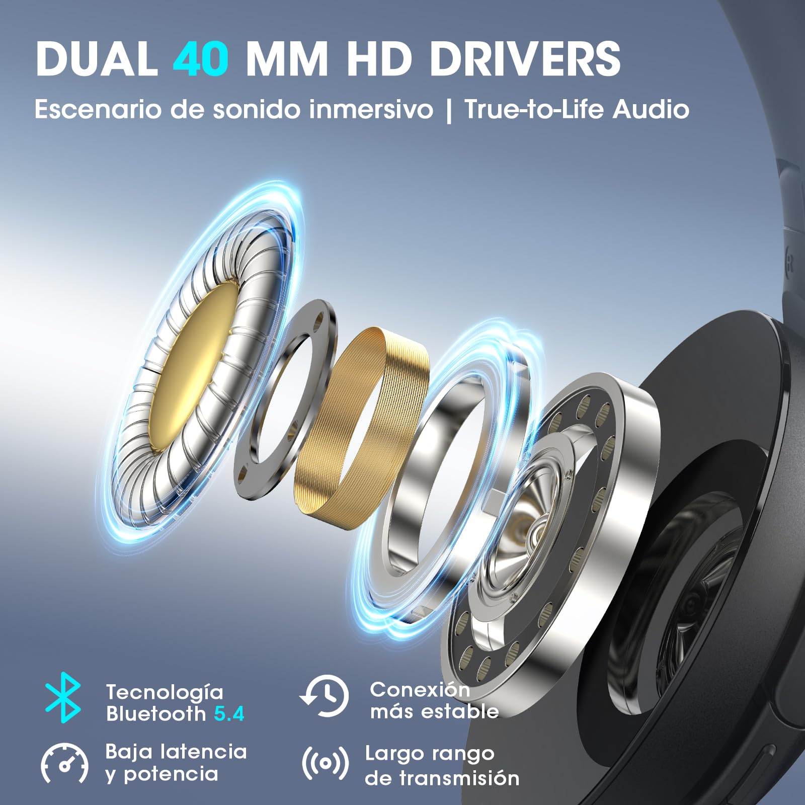 DOQAUS Auriculares Inalámbricos Bluetooth Diadema, Cascos Inalámbricos Bluetooth con 90 Horas de Batería, App con 9 Modos EQ, Bluetooth 5.4, Sonido HiFi, Plegables con Micrófono, Negro