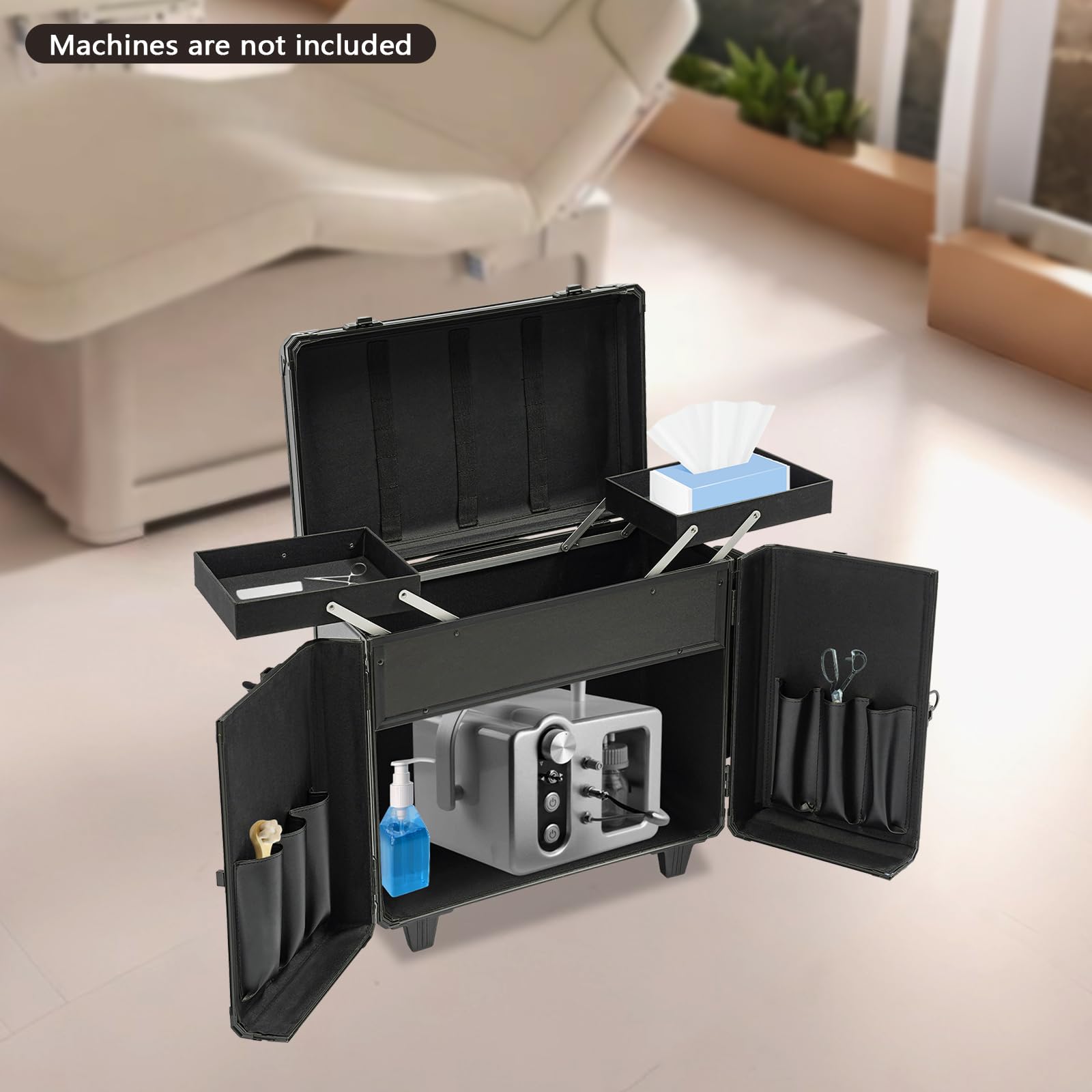Fußpflegekoffer Mobile, mobil mit Zugstange und 2 Rädern, 50 kg belastbar, Werkzeugkoffer für Fußpflege und Maniküre, 46x29x42 cm (Schwarz)