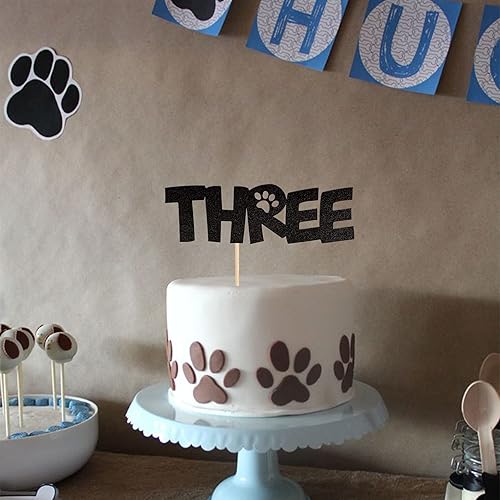 Miniatura 5 de 1 pieza de decoración de tres pasteles con purpurina negra con pata de perro de 3 años de edad, decoración para cachorros, perros, Let's Pawty para