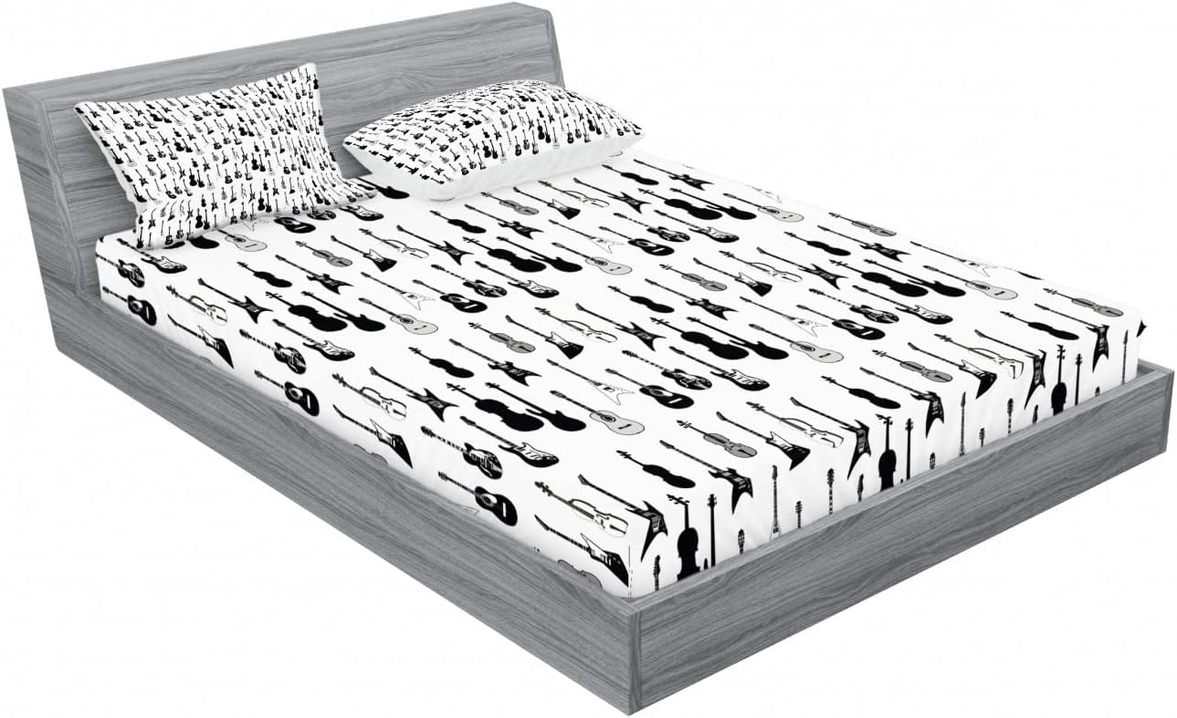 Ambesonne Music Fitted Sheet & Pillow Sham Set, Monochrome Strings Various Types Acoustic and Electronic Guitar Cello Violin, Decorative Printed 6 Piece Bedding Decor Set, Full, White and Charcoal