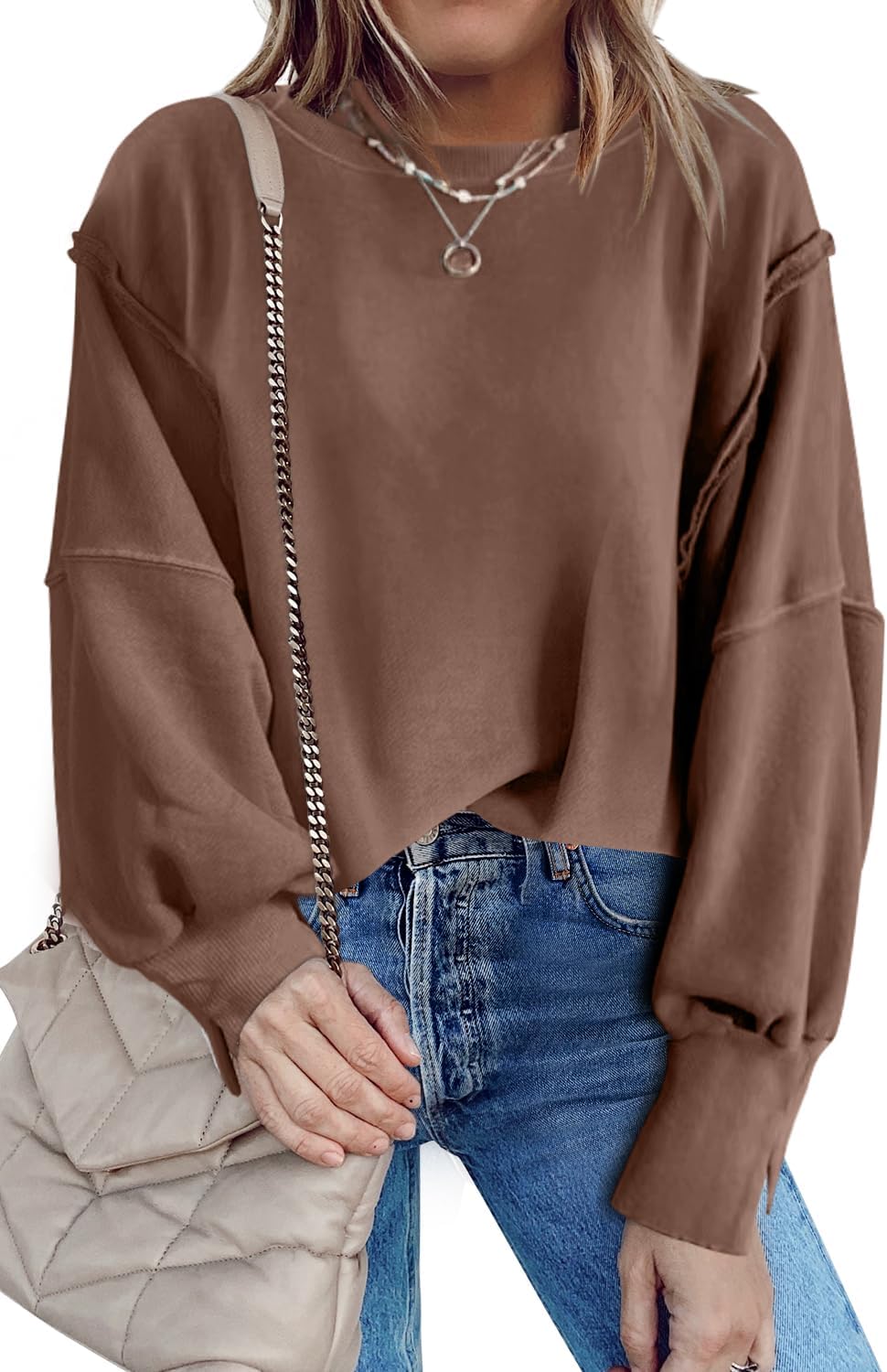 Nirovien Womens Oversized Crewneck Sweatshirt Side Slit Long Sleeve Pullover Slouchy Fit Tops - Image 2