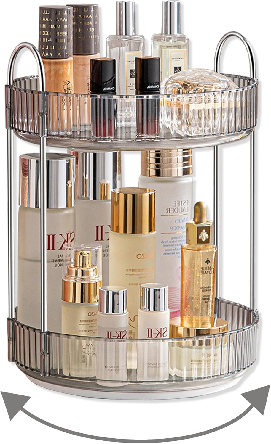 Xacton 2-Tier 360° Rotating Makeup Organizer for Vanity & Bathroom | High-Capacity Cosmetic & Skincare Storage Rack | Perfume, Lipstick, Nail Polish Holder (Grey)