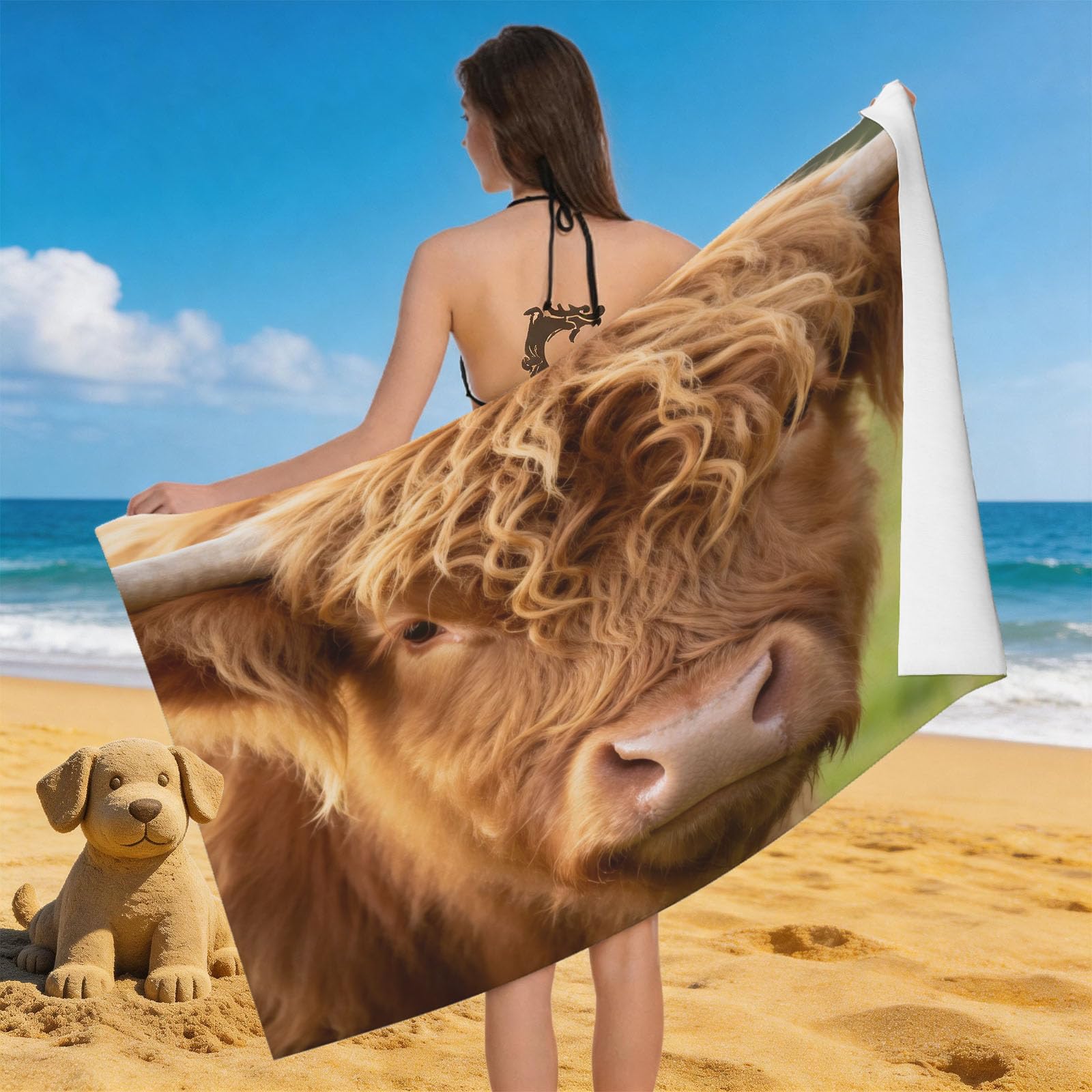 Leichong 3D Highland Cow Beach Towel Large Microfiber Soft Quick Dry for Adults, Farm Animal Bath Towel Lightweight Soft Absorbent for Travel Swimming Pool Sports, 80 x 160 cm