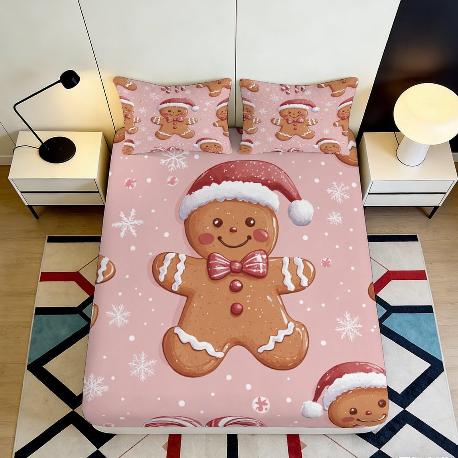 3D Printed Christmas Gingerbread Fitted Sheet Microfiber Soft Breathable Festive Bed Cover Mattress Cover for Bedroom Dormitory Guest Room Mattress Protection 160x200x25cm