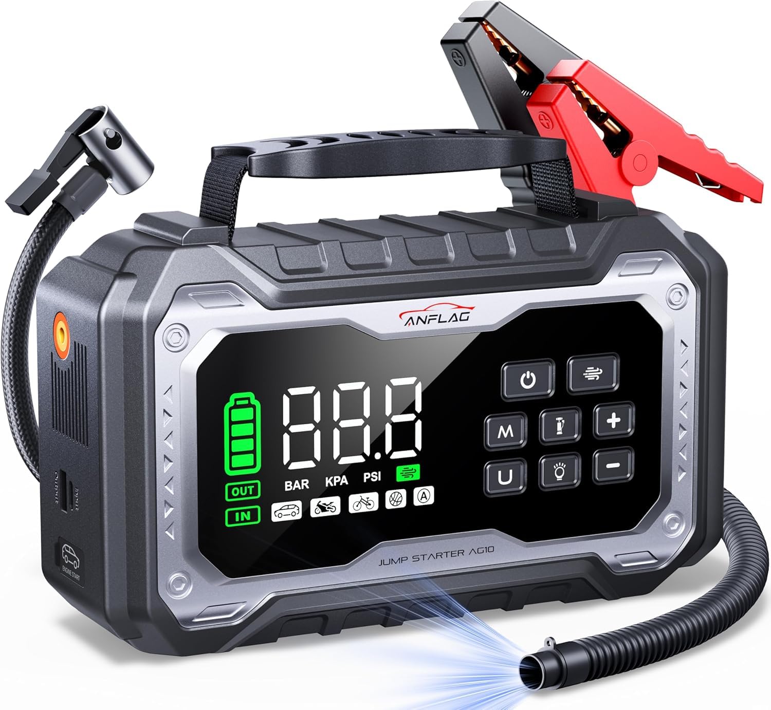 8000A Starthilfe Powerbank für Pkw mit Gebläse und 160PSI Kompressor, Auto Starthilfe Powerbank für All Benzin und 14.0L Dieselmotor, Starter Powerbank 800 Lumen LED Leuchte und LCD Display