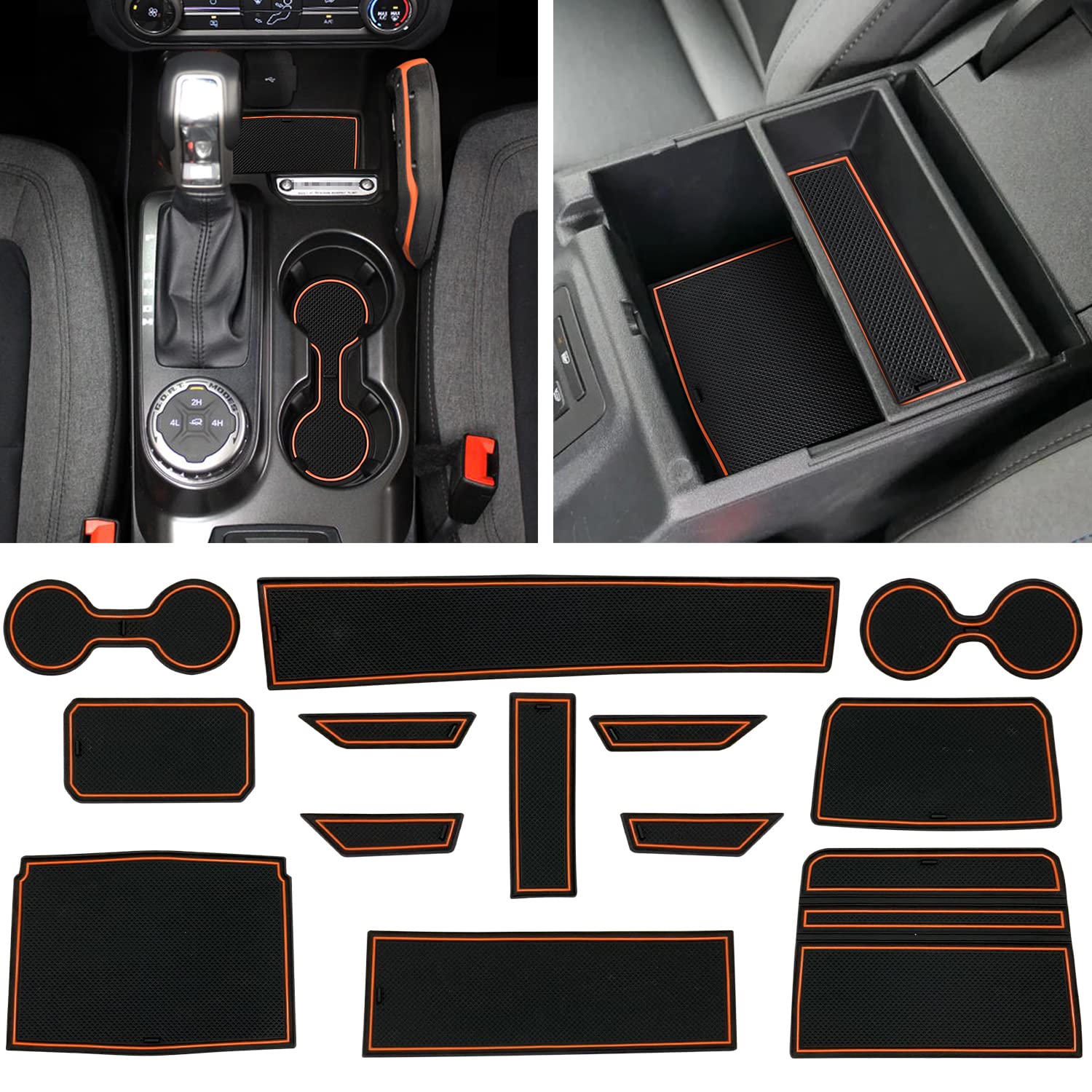 Photo 1 of LOCOY Center Console Liner Fit for Ford Bronco Automatic Transmission Accessories 2021-2023 Cup Holder Insert, Door Pocket Mat, Custom Interior Non-Slip Pad, Rubber Coaster (13Pcs, Orange, 4Doors)
