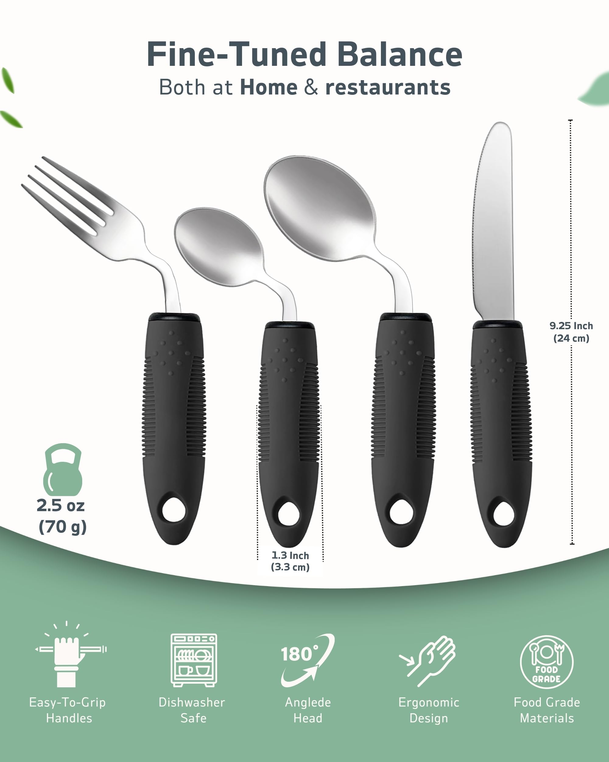Juego de utensilios adaptativos de 4 piezas, utensilios de Parkinson en ángulo de 42°, utensilios con peso para pacientes con temblores y Parkinson, cubiertos pesados de fácil agarre para temblores de
