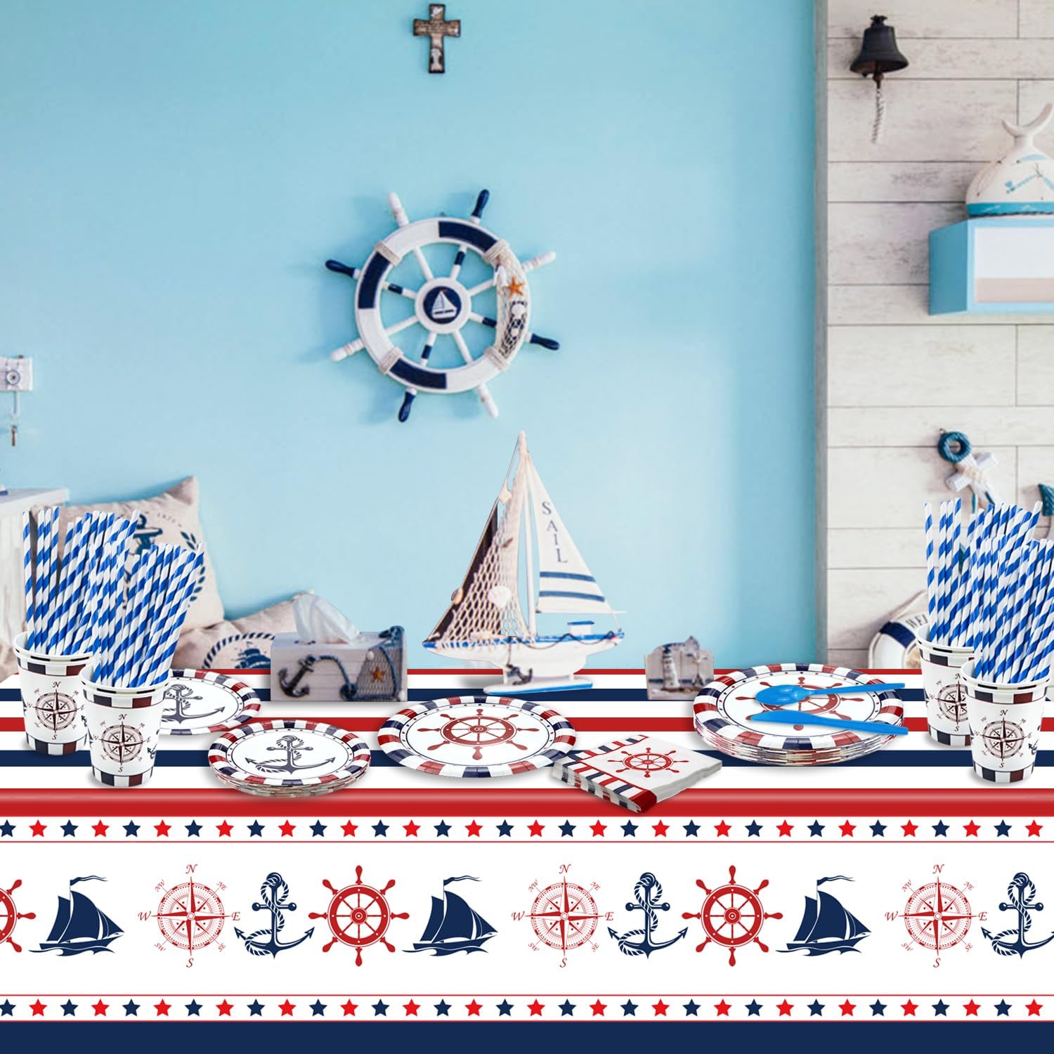 Decorazioni Per Feste Nautiche, Forniture Di Compleanno A Tema Anckor, Con Piatti Di Carta, Tovaglioli, Tovaglia Per Baby Shower A Tema Nautico, Tutti A Bordo, Forniture Per Feste Di Primo Compleanno