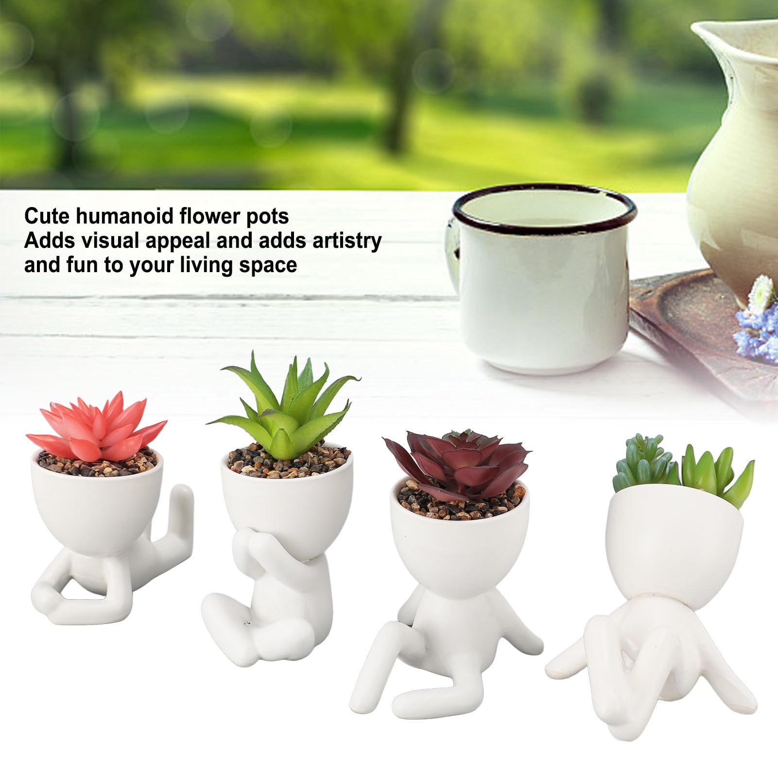 TOPINCN Set di 4 Piante Succulente Artificiali, Vasi Succulenti Finti in Ceramica con Disegni a Forma Umana per la Decorazione della Mensola del Soggiorno Dell'ufficio
