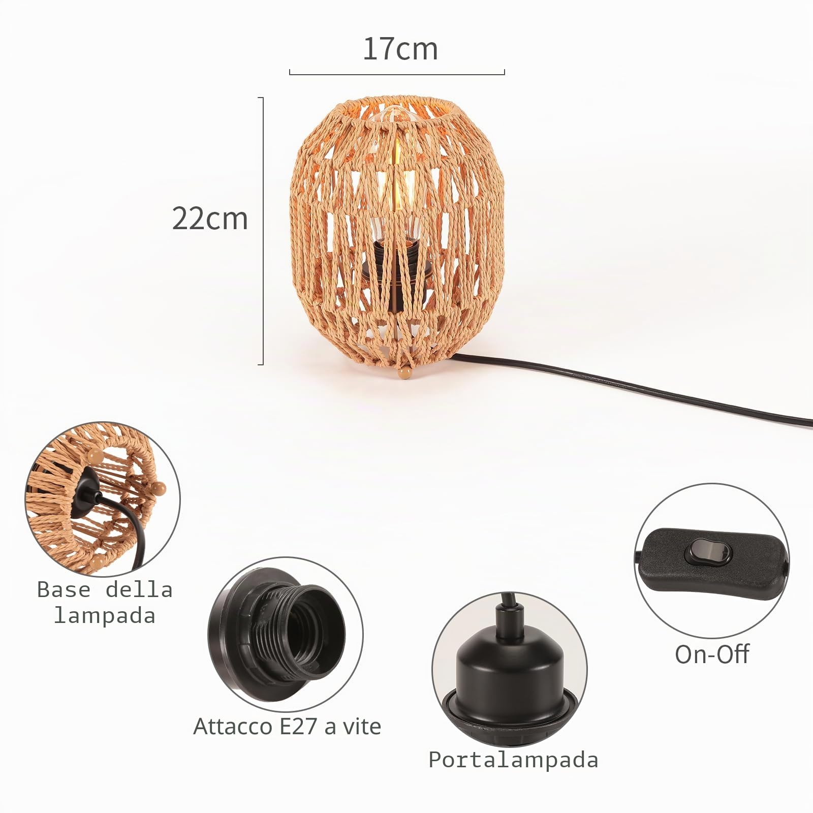 2 Pezzi Lampada da Tavolo Intrecciata Lampada da Comodino Stile Boemia Paralume in Metallo Rattan Lampada Vintage Illuminazione Da Tavolo Luce Notturna per Camera da Letto Ufficio Lettura