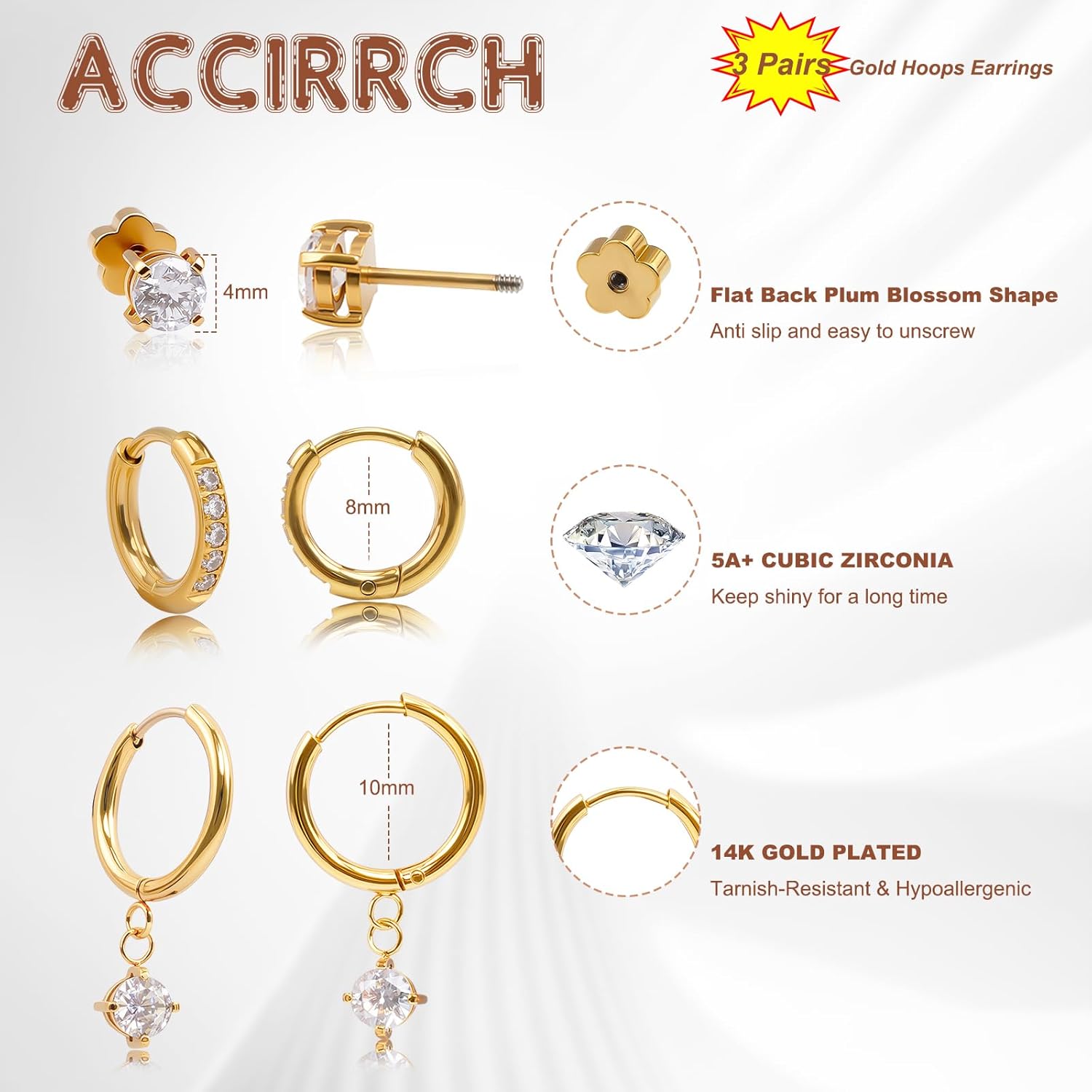 3 Pairs Gold Hoop Earrings Set: 14K Gold Plated Hypoallergenic Stud Earrings Dangle Cartilage Huggie Hoop Earrings for Women Fashion Gold Jewelry for Women Gifts - Image 5