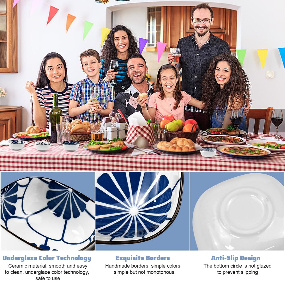 Set di 6 piccole ciotole in ceramica quadrate in stile giapponese, ciotole per snack da 9,2 cm, mini ciotole in ceramica blu e bianca per sushi, tapas, dessert, noci, olive e salsa di soia (9,2