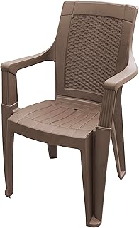 Plastic Arm Chair with Wicker Textured Back (Set of 4) Brown, Indoor Outdoor Patio Furniture