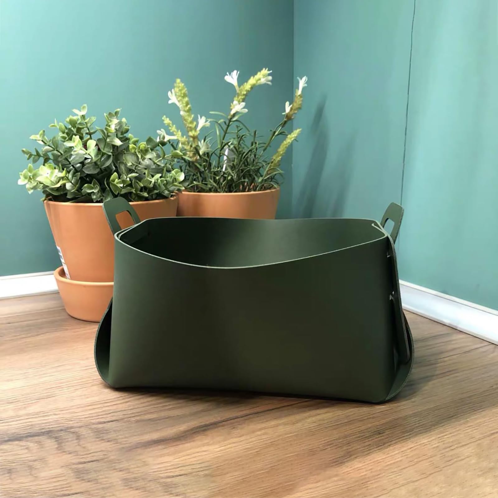Cesta de piel sintética, organizador de almacenamiento de escritorio, plegable con asas, bandeja de valet para brochas de maquillaje, solución de almacenamiento de mesa de entrada u oficina