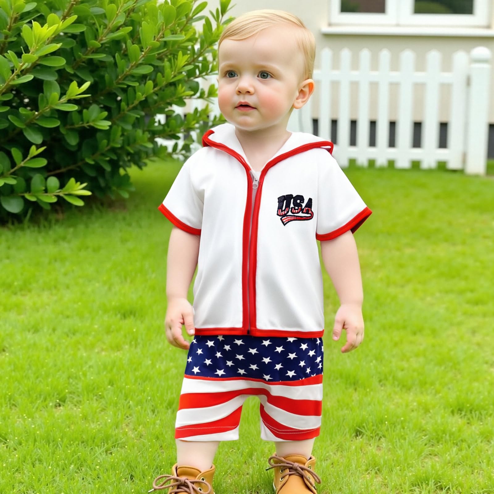 Dewadbow Kids Boy Girl 4th of July Swim Cover Up USA Zipper Hooded Tops American Flag Swim Trunk Beach Bathing Suit (Blue, 12-18 Months)