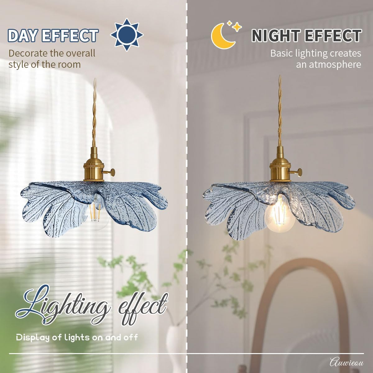 Glass Pendant Lights Kitchen Island 2 Pack Vintage Farmhouse Style with Blue Glass Flower Shade, Gold Unique Hanging Pendant Lighting for Dining Room Cabinets Bedroom entryway