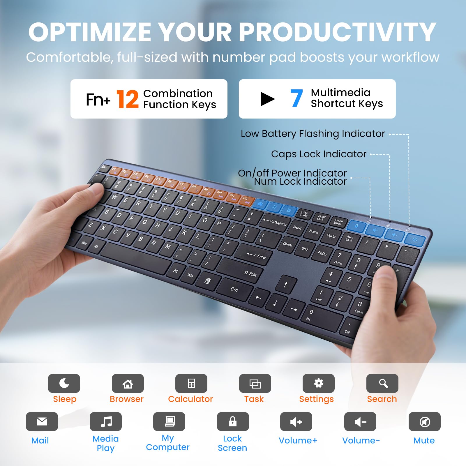 Tastiera wireless 2,4 G ultra sottile e silenziosa, tastiera USB per PC, 19 tasti multimediali, tastierino numerico, plug & play, Ergo senza ritardi, lunga durata della batteria per desktop, laptop