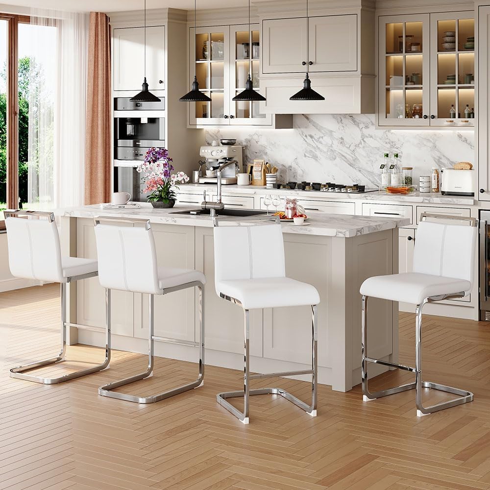 Counter Height Bar Stools Set of 4,25" White Bar Stools Set of 4,Modern Faux Leather Bar Stool with Back,Sturdy Silver Chrome Footrest,Counter Height Chairs for Kitchen Island Pub Home