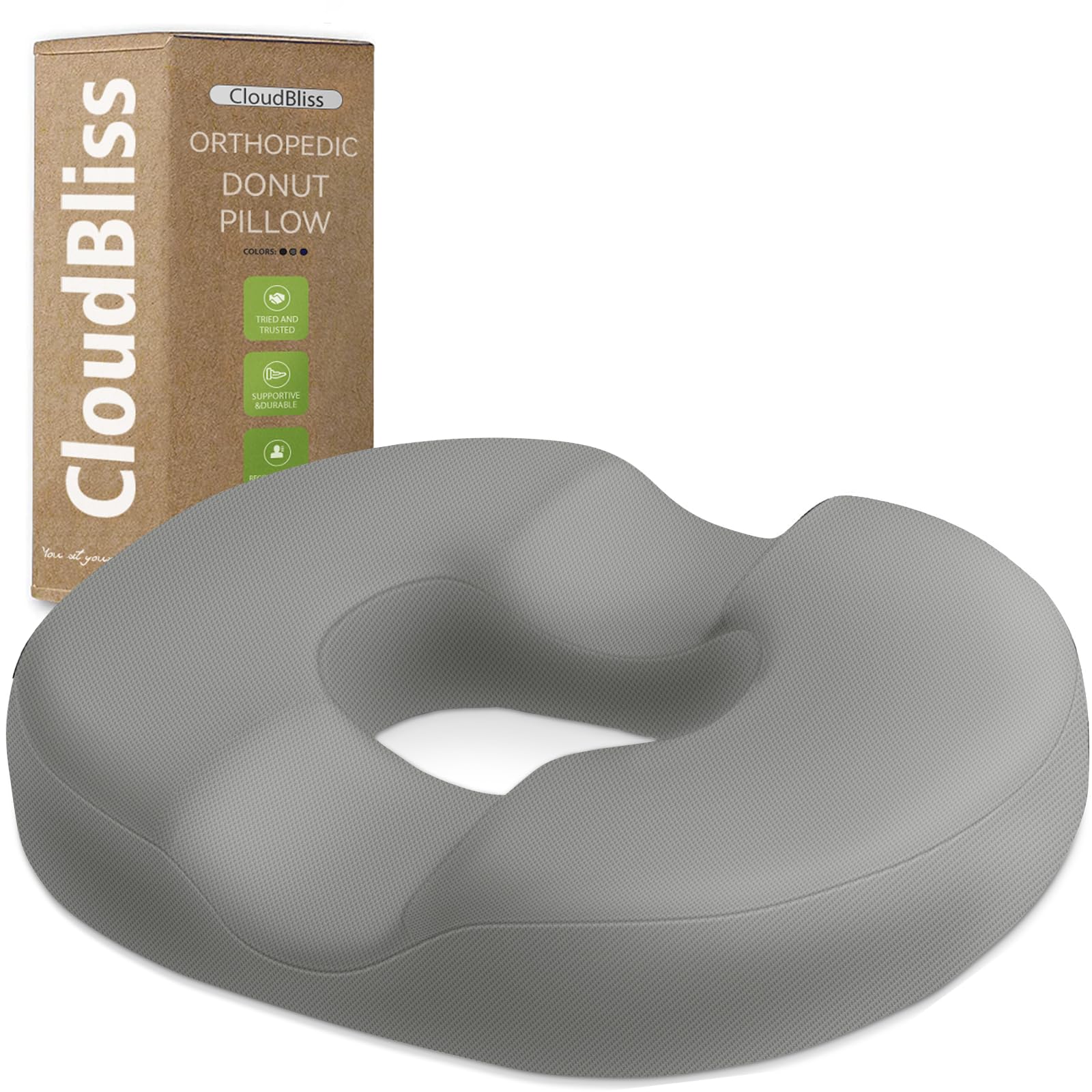 CloudBliss Donut Pillow Stadium Seat Cushion for Tailbone Pain Relief and Hemorrhoids, Memory Foam Seat Chair Cushion, Portable Seat Cushions for Bleachers, Car, Home &amp; Office