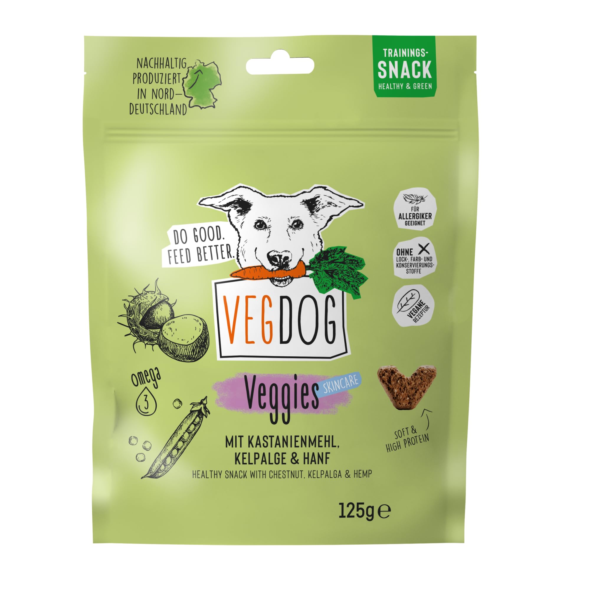 VEGDOG Veggies Skincare Hypoallergener Hundesnack, Trainingssnack, 10x125g