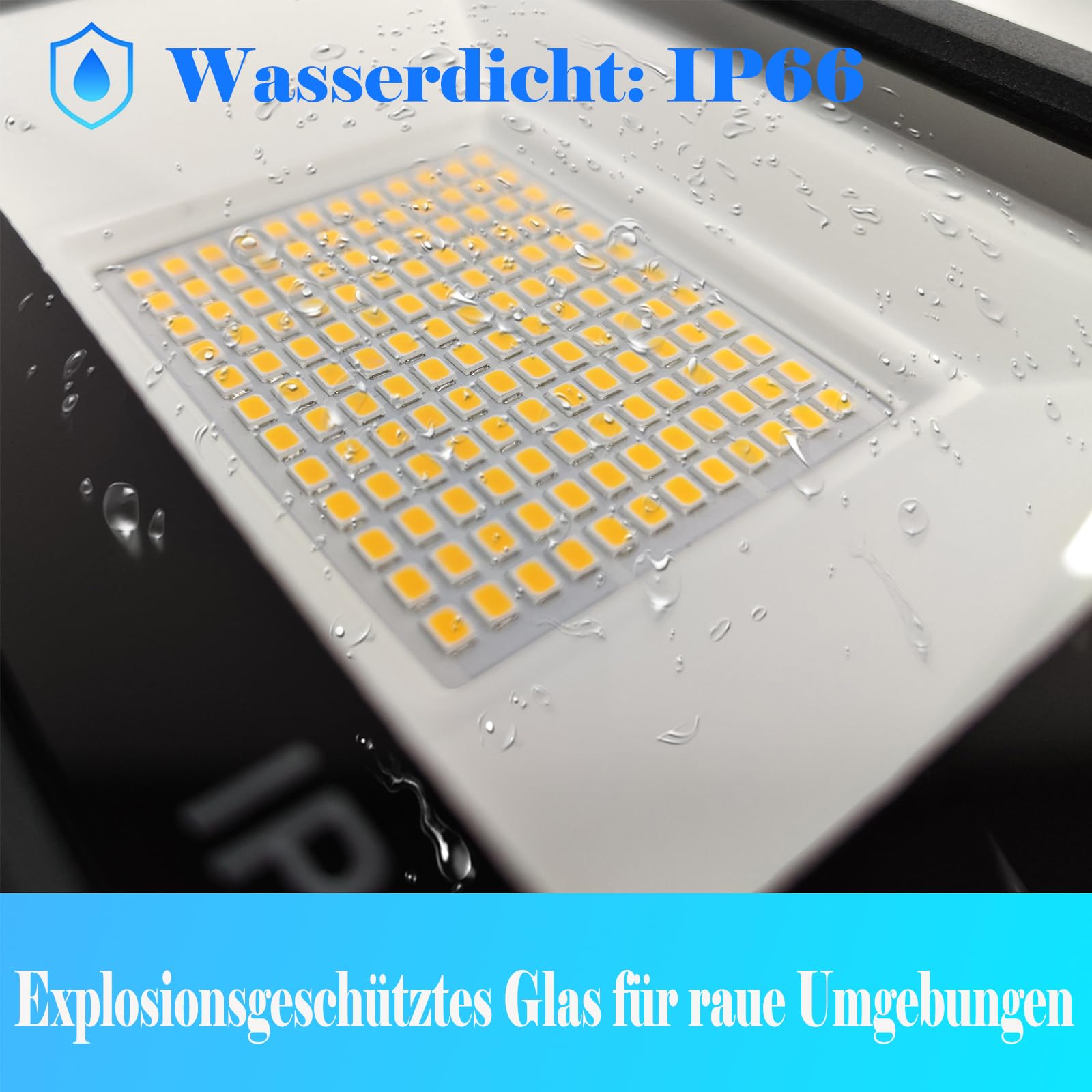 AufuN Reflektor LED, 5 x 100 W, ciepła biel, super jasny, IP65, wodoszczelny, aluminiowy reflektor do ogrodu, garażu, podwórka lub hote