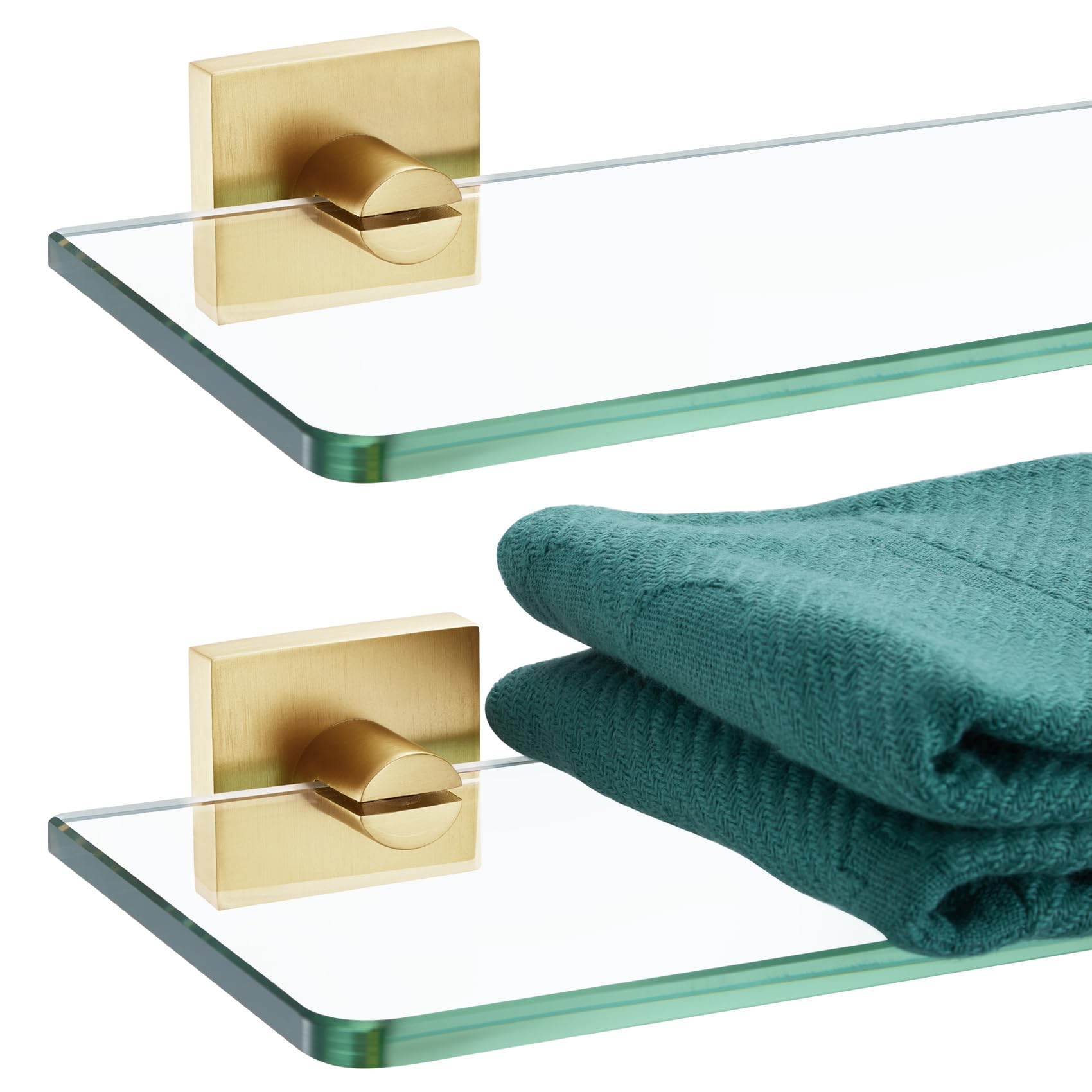 KOKOSIRI Floating Wall Shelf 16-Inch Bathroom Tempered Glass Shelves Shower Rack Kitchen Storage Home Decor, 2 Pack Gold Stainless Steel B1107BG-L16-P2
