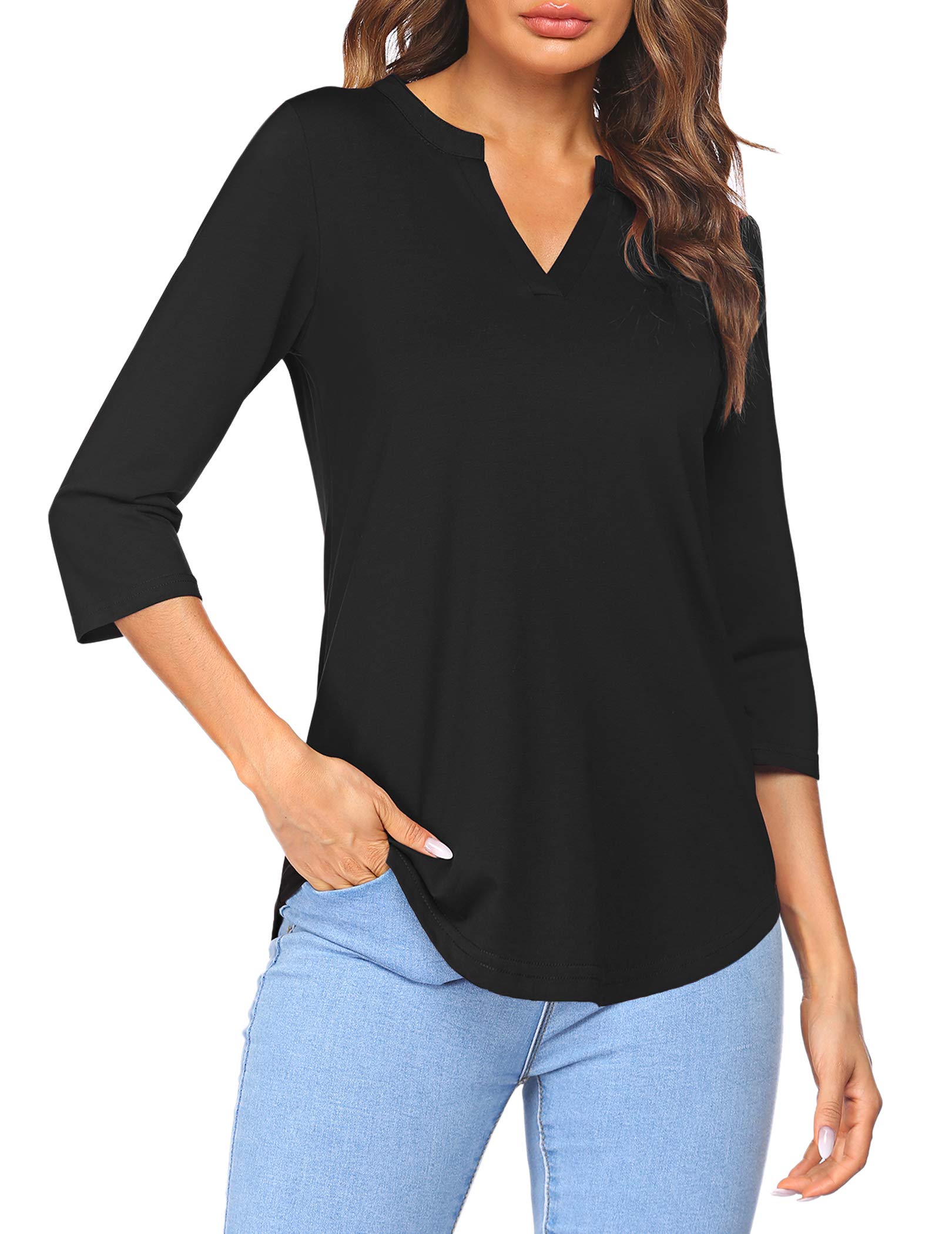 Sherosa Women's 3/4 Sleeve Shirts V Neck Casual Henley Work Tops Blouses