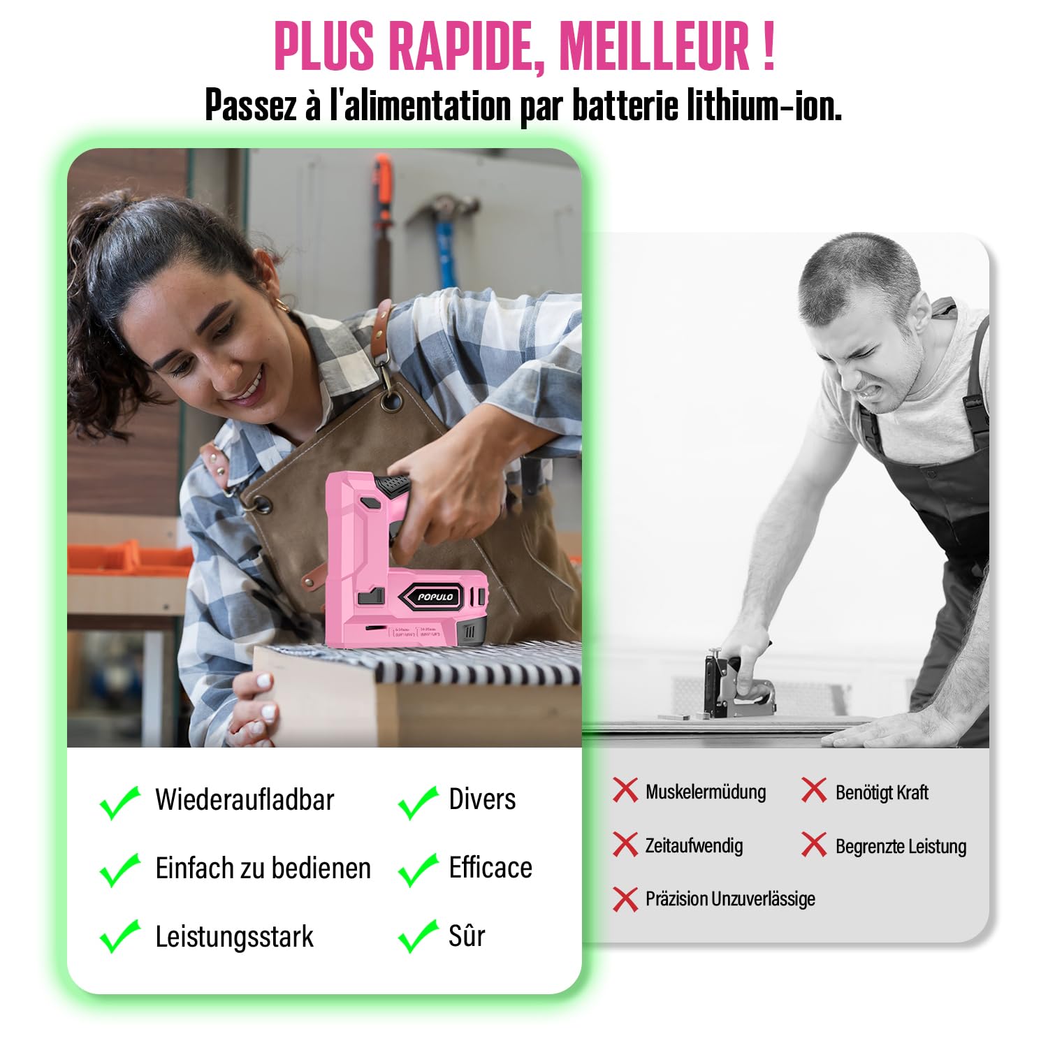 POPULO Agrafeuse électrique 2-en-1 sans fil 4 V lithium-ion avec charge USB-C – inclut arrache-clou, agrafes et clous pour tapisserie, clips, réparation de meubles, moquette et bricolage maison, rose