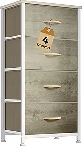 DWVO Dresser with 4 Drawers - Fabric Storage Tower, Organizer Unit for Bedroom, Hallway, Hallway, Closets - Sturdy Steel Frame, Wooden Top & Easy Pull Fabric Bins